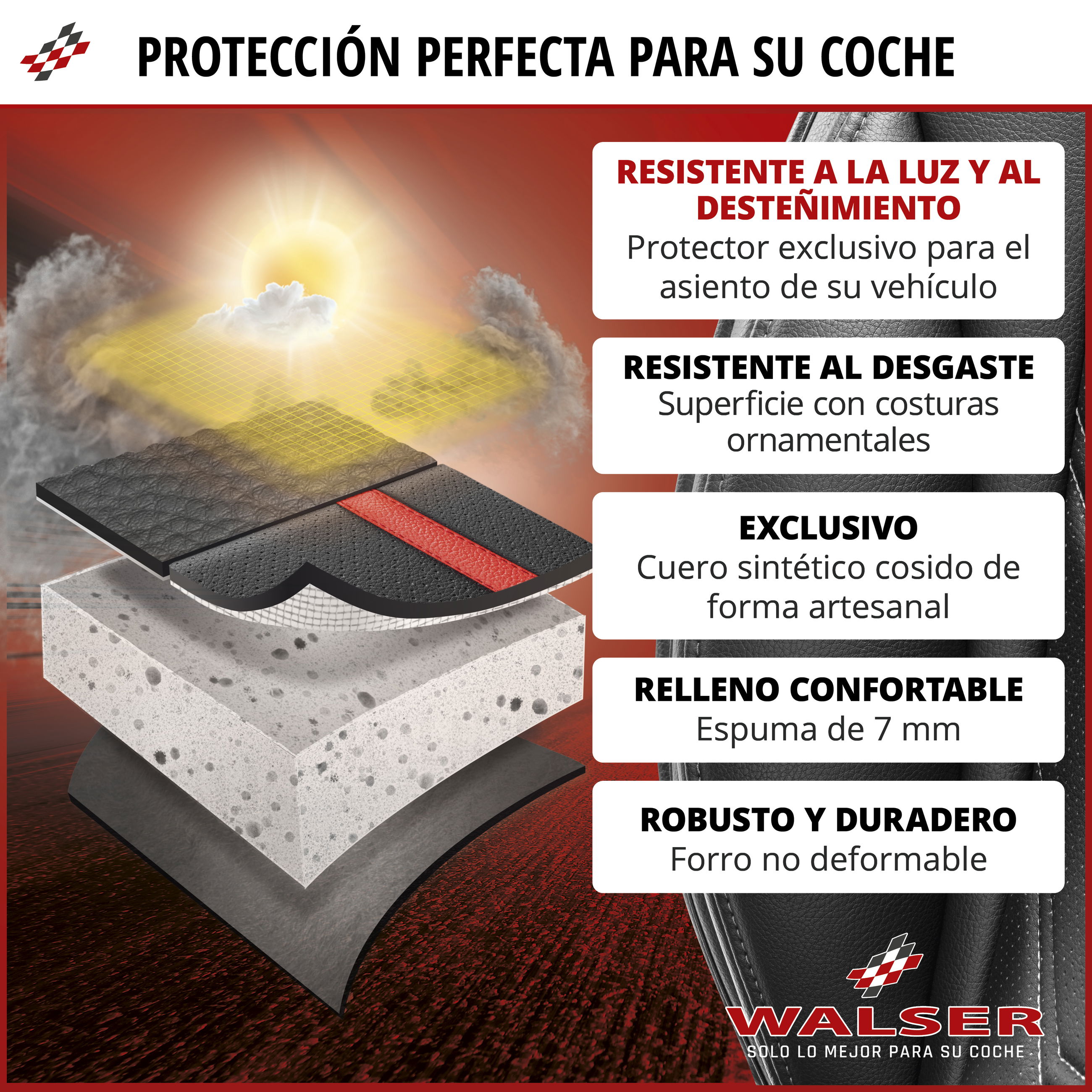 Werbung, Plakat, Mobiliar, Sitzbezug, Kfz-Schutz, Lederimitat, Schaumstoffschicht, Rennsport-Optik