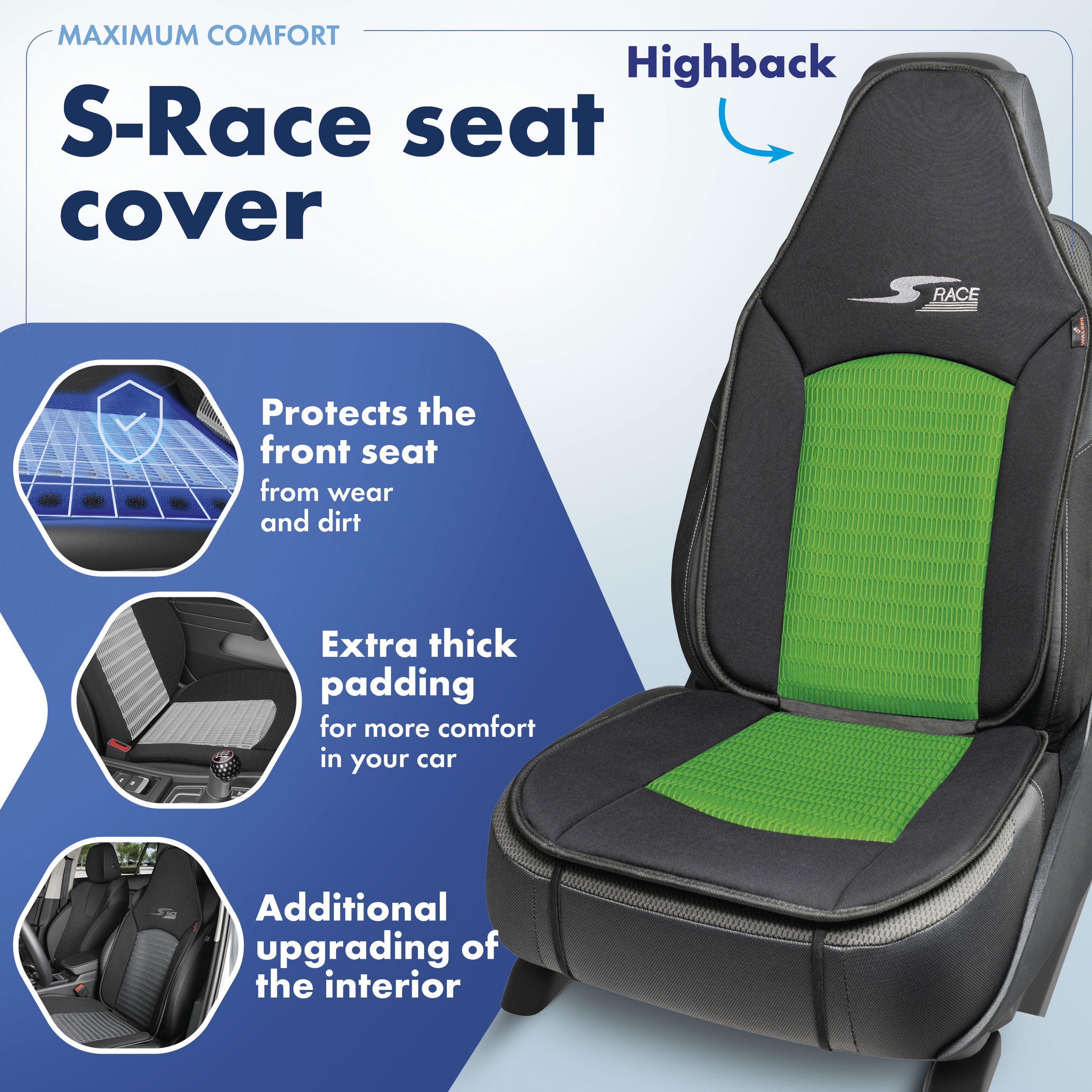 Car seat cover S-Race, car seat cover for highback/pilot seats, car seat protector front seats green, 1 piece