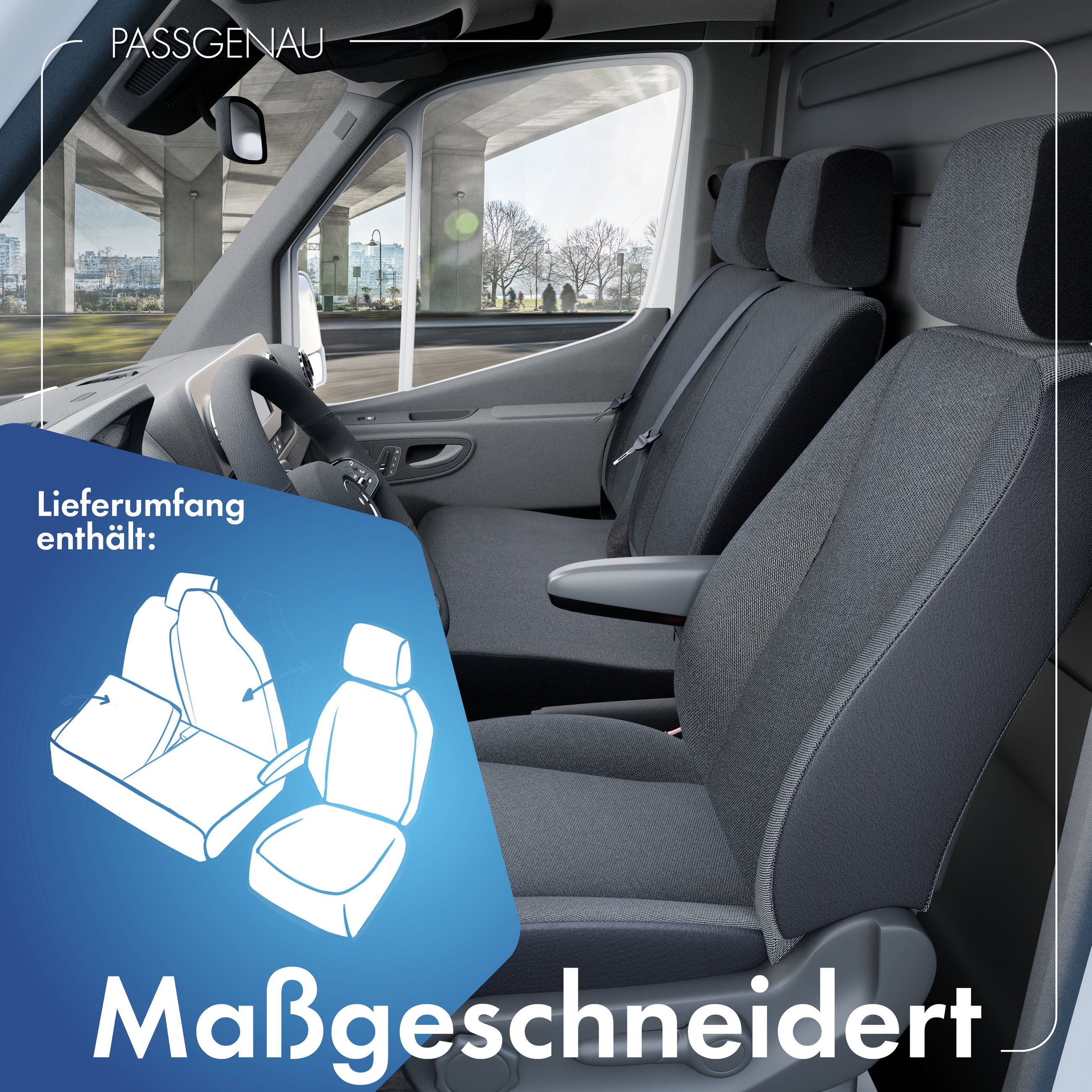 Opel Movano B, Renault Master 3, Nissan NV400 kompatibler Sitzbezug Stoff, passgenau für Einzelsitz vorne (Ausnehmung Armlehne) + Doppelsitz vorne, robuste Sitzbezüge Transporter/Van anthrazit