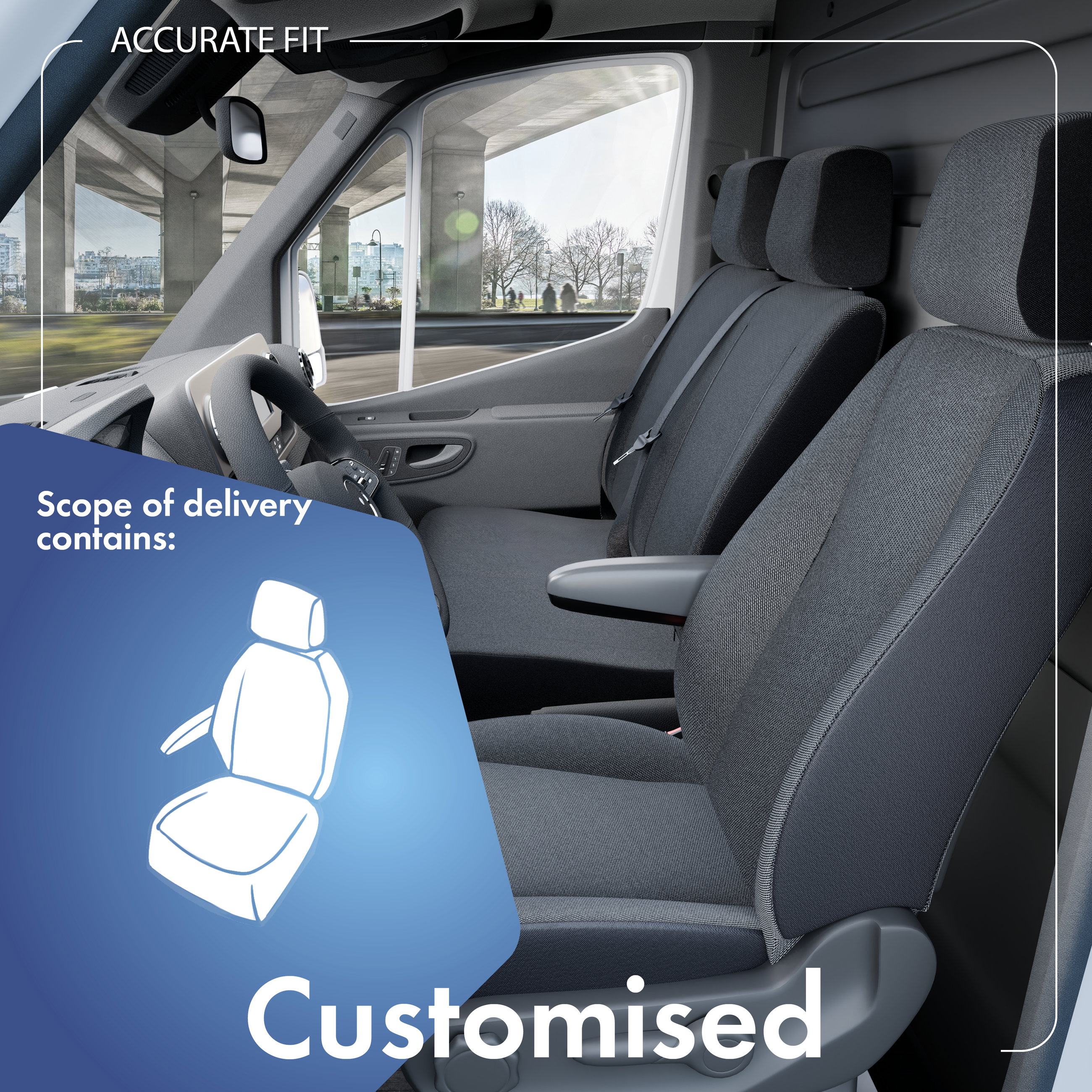 Opel Combo/Combo D, Fiat Doblo kompatibelt Sätesskydd i tyg, modellanpassad för enskilt förarsäte (urtag armstöd höger), robusta Sätesskydd transportbil/skåpbil antracit