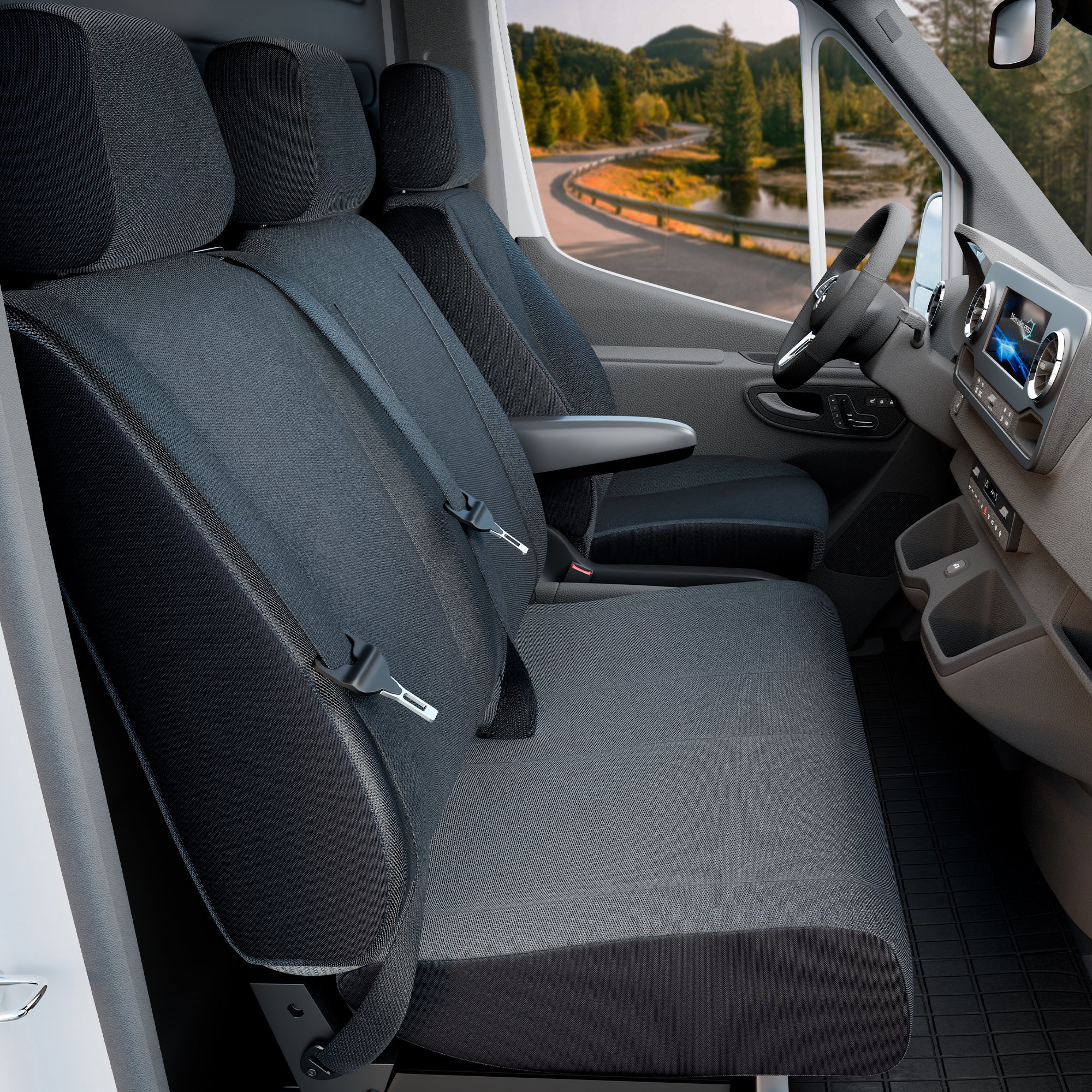 Autostoelhoes Transporter Fit van stof antraciet geschikt voor VW Crafter, Mercedes Sprinter, 1 enkele zitplaats voorin (armleuninguitsparing) & opklapbare dubbele zitbank voorin