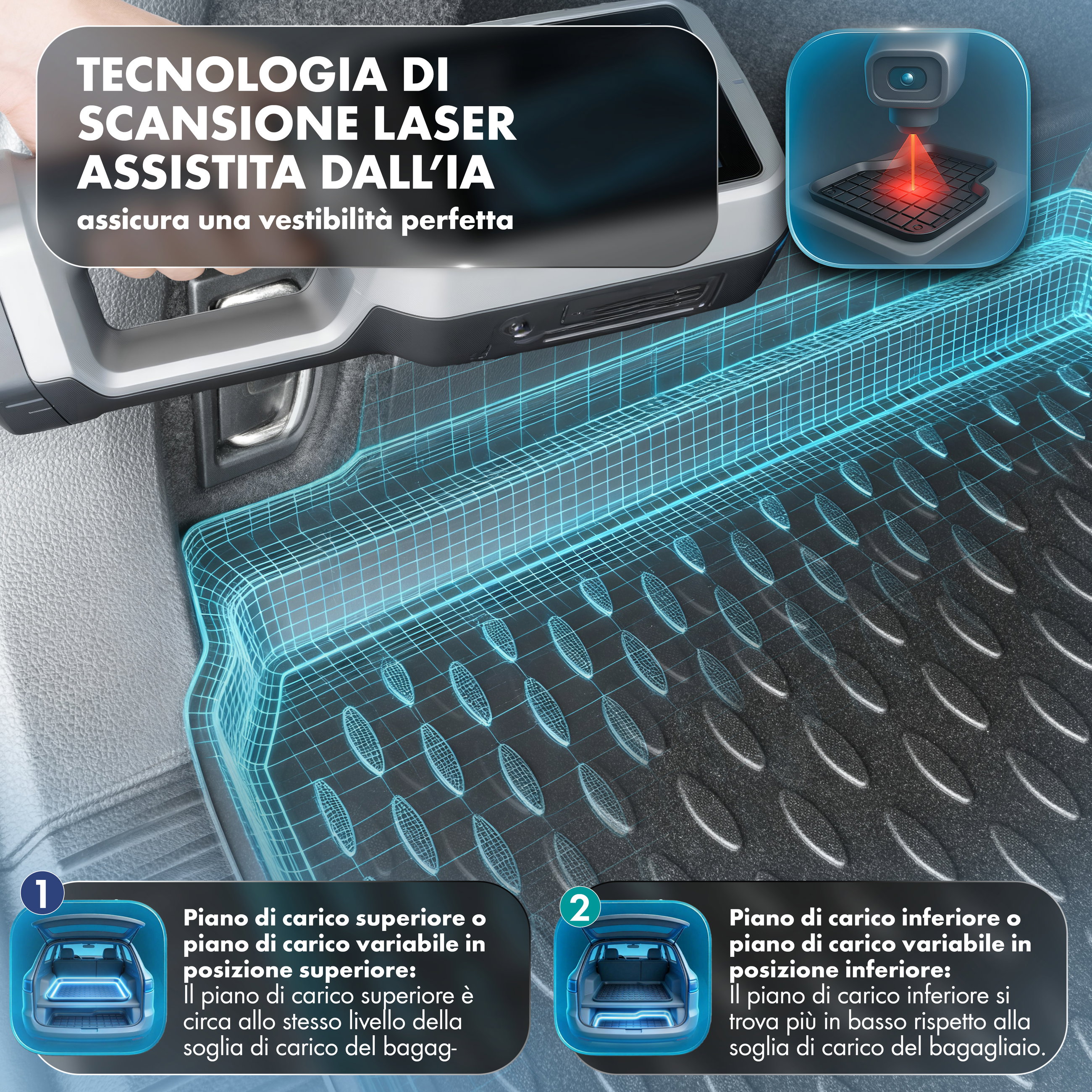 kofferraum, laderaum, gummimatte, lasertechnologie, blaues highlight