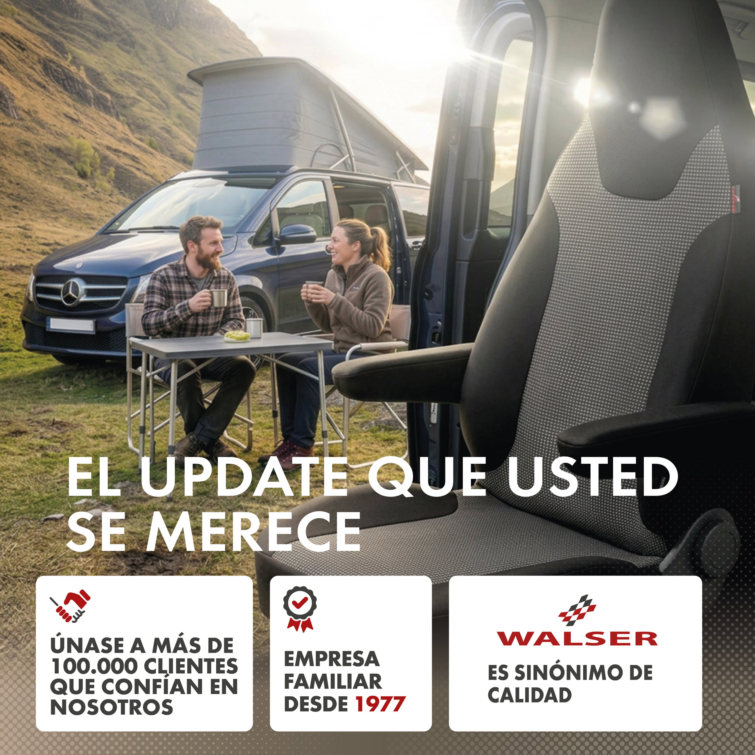 Camping-Van, Klappbarer Tisch, Outdoor-Sitzgelegenheiten, Campingstühle, Blauer Van, Camping-Van, Faltbarer Tisch, Outdoor-Setup, Campingstühle, Deluxe-Innenraum