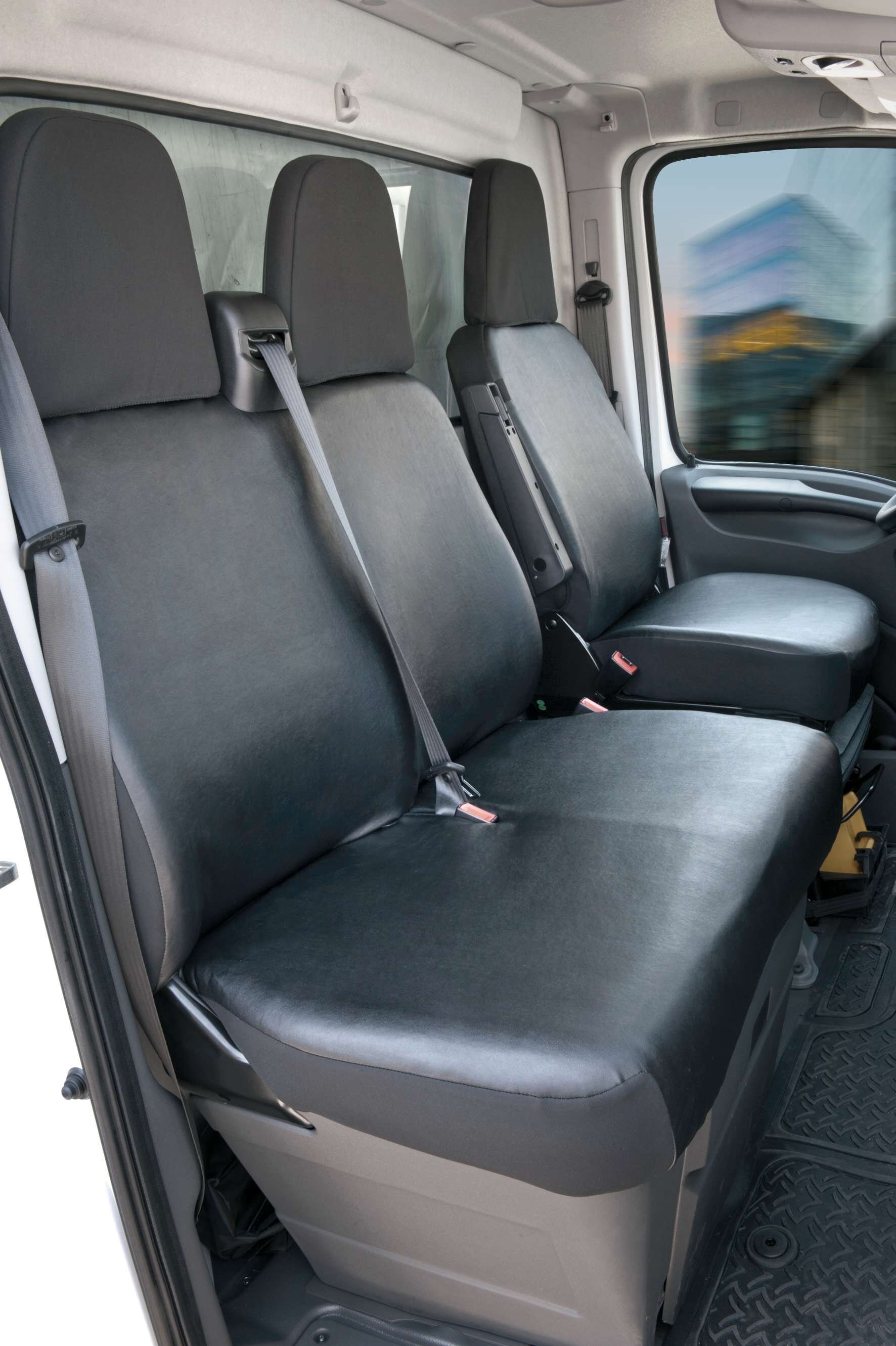 Autostoelhoes Transporter Fit Kunstleer antraciet geschikt voor Citroen Jumper II, Fiat Ducato, Peugeot Boxer, 1 enkele zitplaats vooraan (armleuninguitsparing rechts) & dubbele zitbank