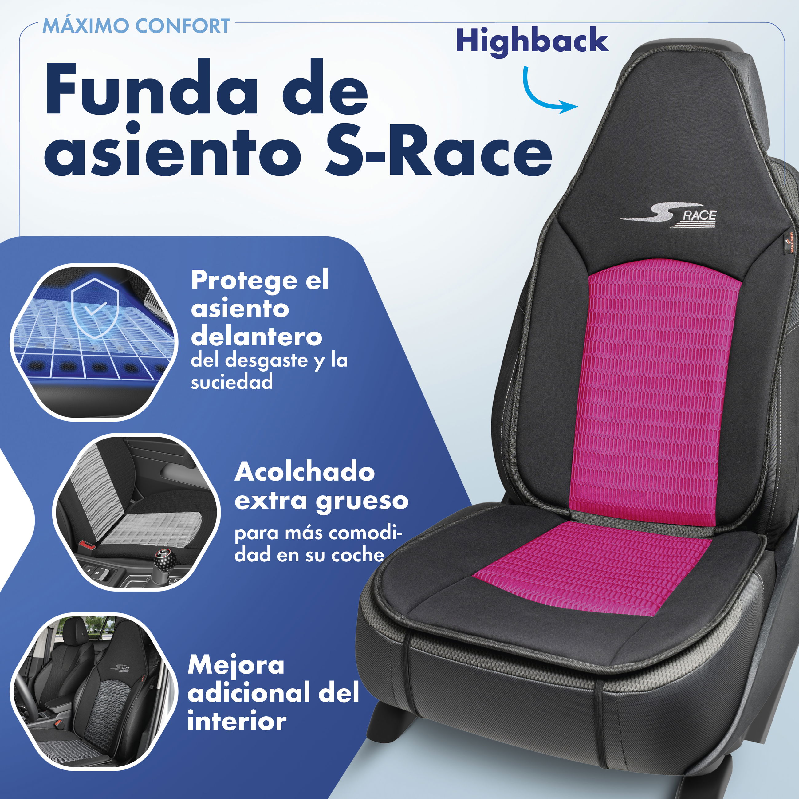 Cojín de asiento S-Race, coche protector de asiento para Highback-/asientos tipo piloto, coche protector de asiento asientos delanteros rosa, 1 pieza