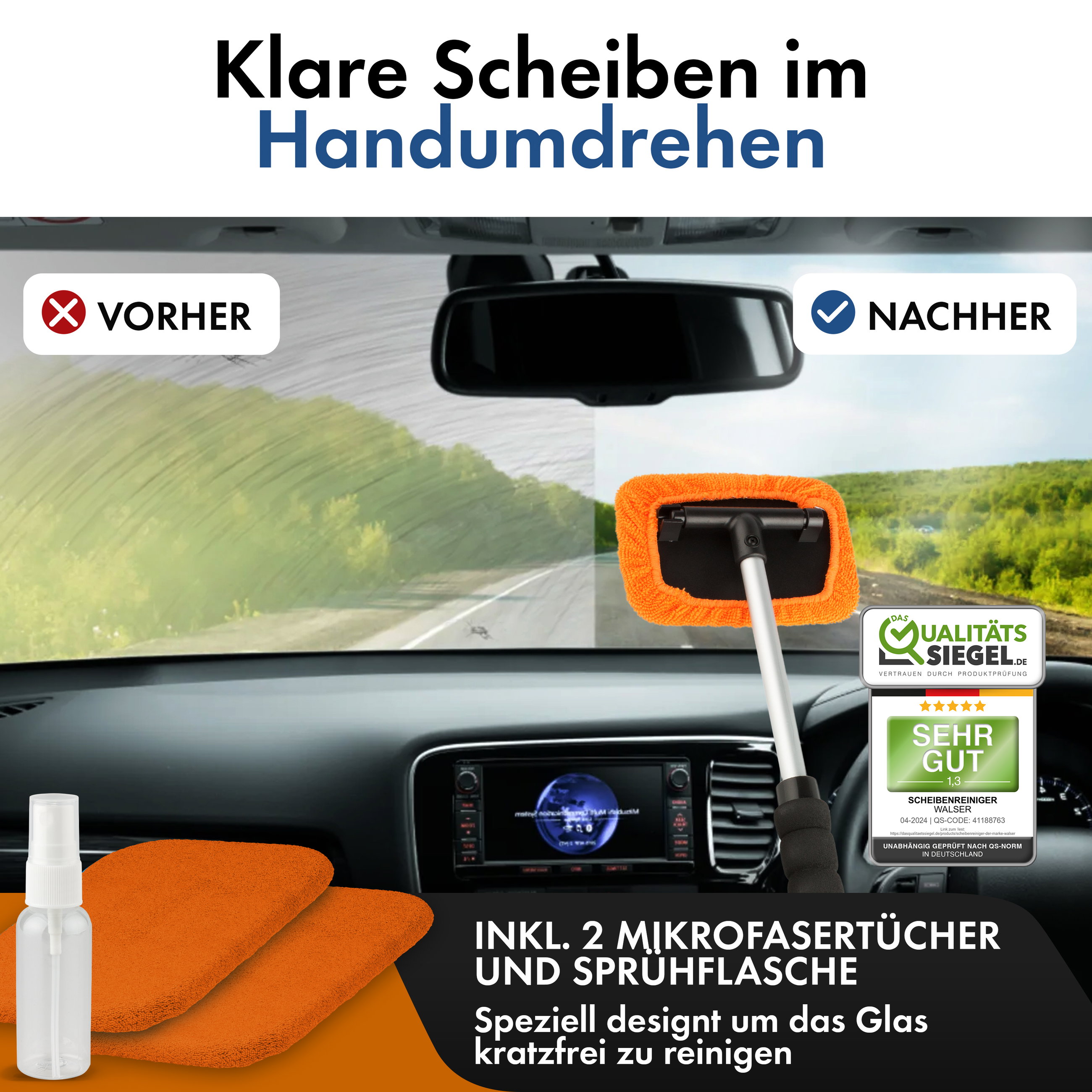 Scheibenreiniger inkl. Sprühflasche, Autoscheibenreiniger teleskopierbar 26 - 42 cm orange