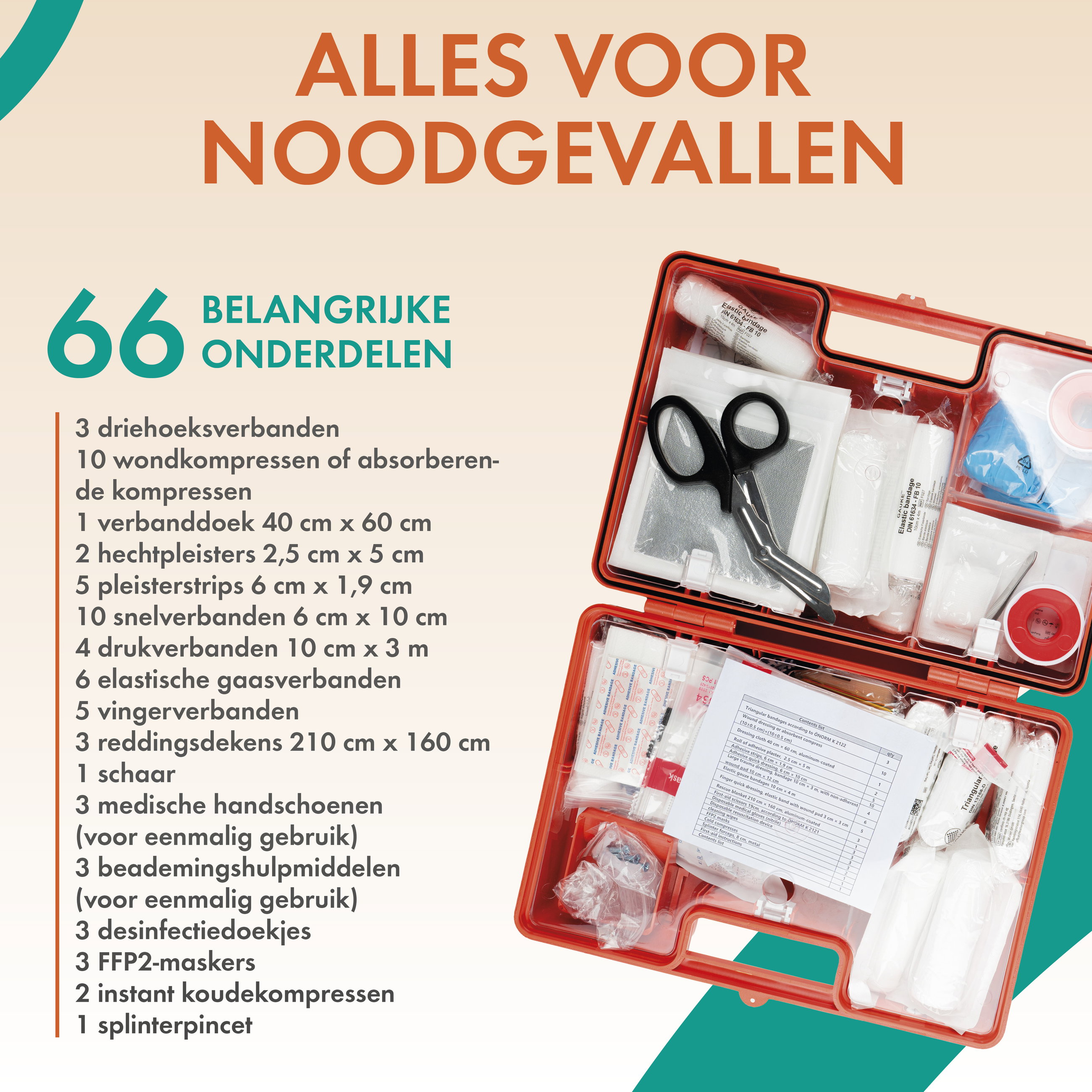 EHBO-set volgens Oostenrijkse norm Ö-Norm Z1020:2025, bedrijfsverbandkist incl. wandhouder, 66-delige EHBO-koffer, verbandkist voor bedrijven en bouwplaatsen, EHBO-koffer voor kantoor/thuis