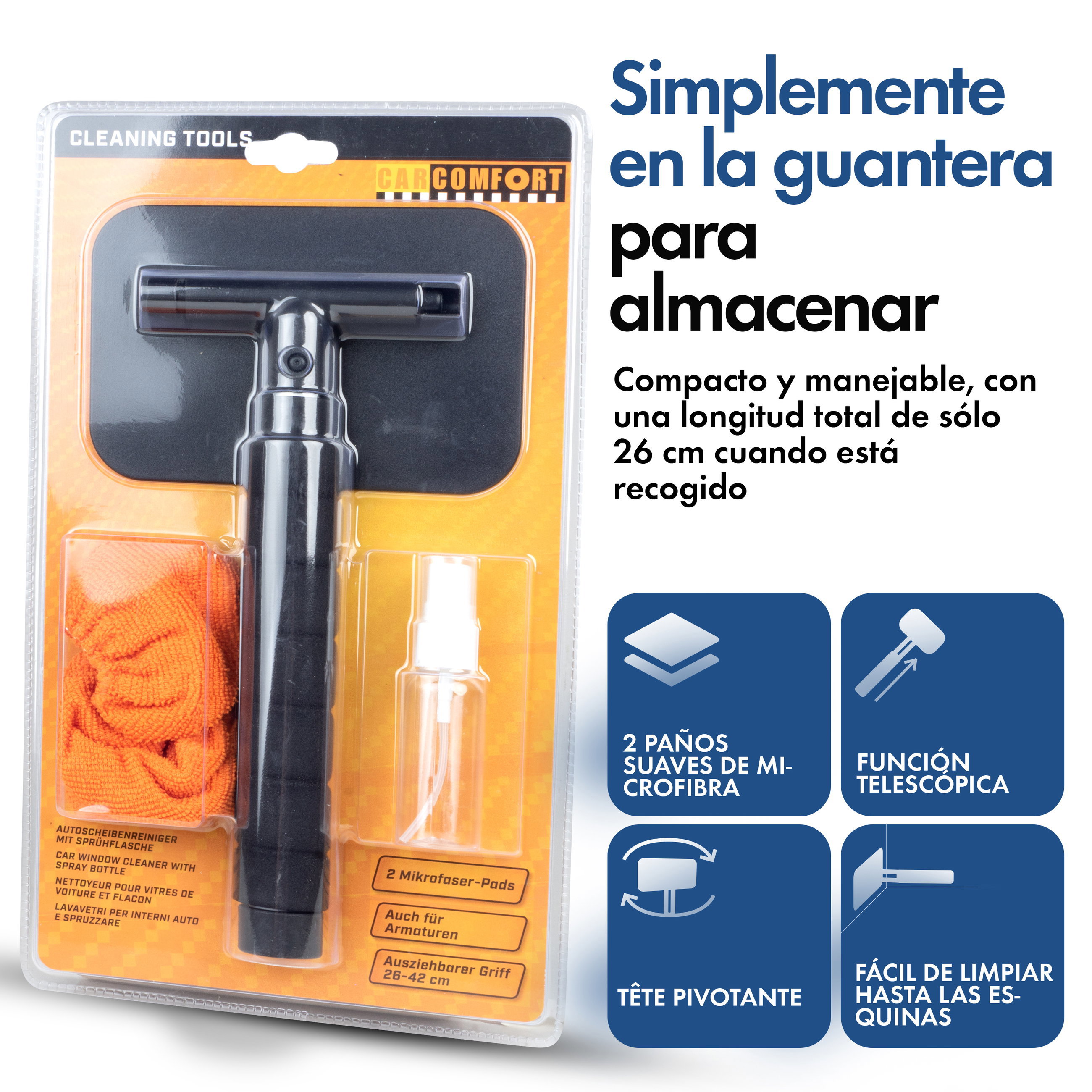 Limpiacristales incl. botella pulverizadora, limpiacristales telescopico 26-42 cm naranja