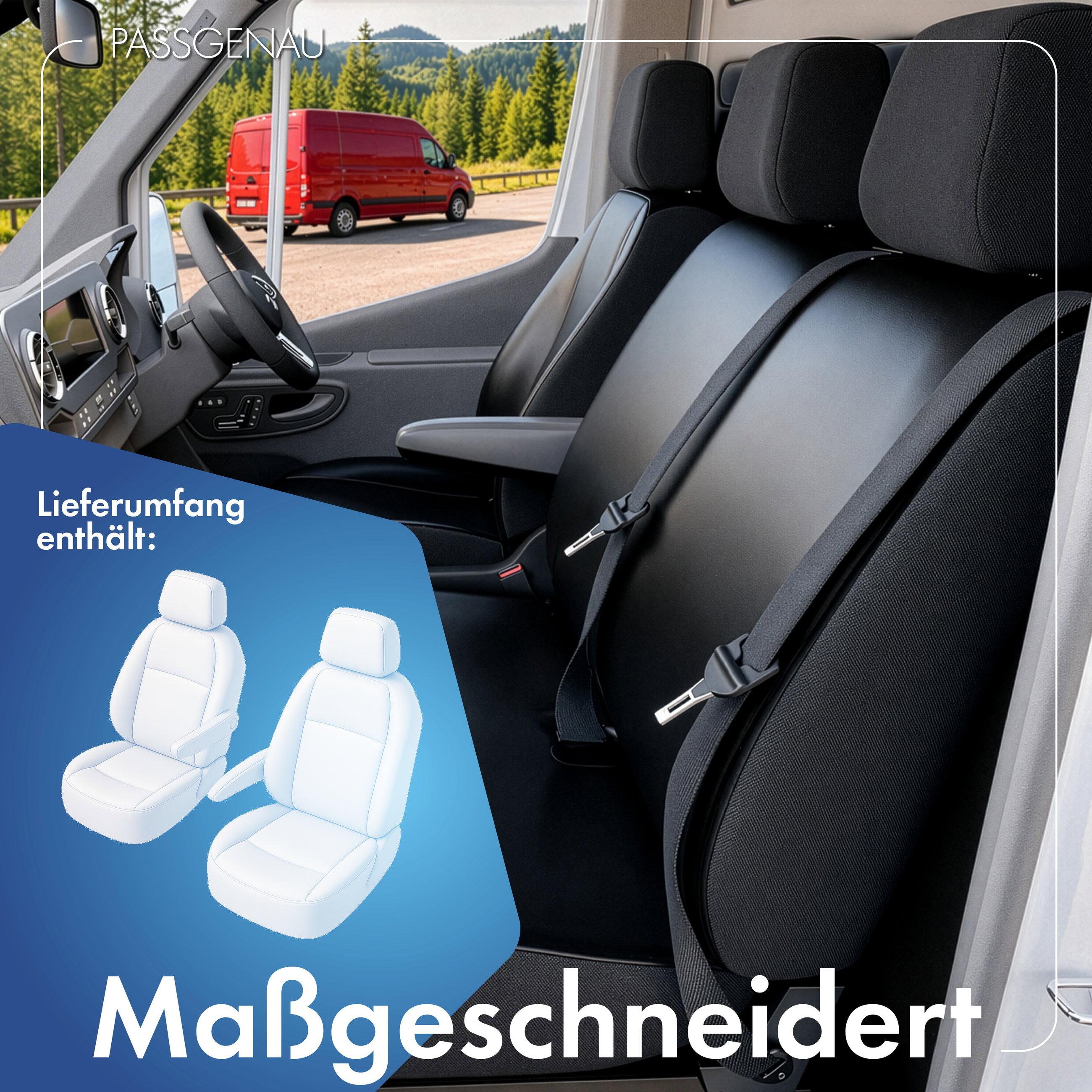 Mercedes-Benz Viano/Vito (W639) kompatibler Sitzbezug Kunstleder, passgenau für 2 Einzelsitze vorne (Ausnehmung Armlehne innen), robuste Sitzbezüge Transporter/Van anthrazit