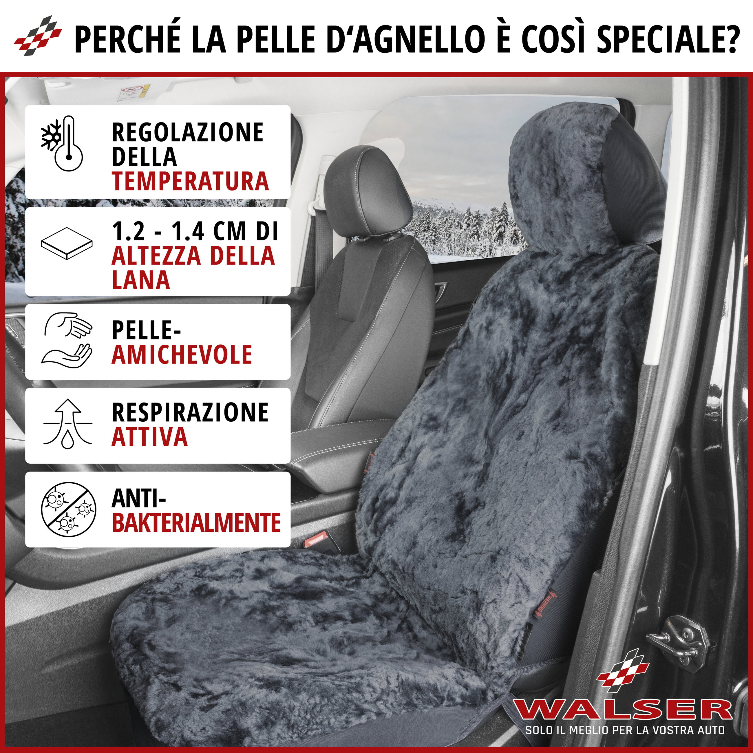Coprisedili auto Iva in pelle di agnello antracite con sistema informatico ZIPP, 1 pezzo
