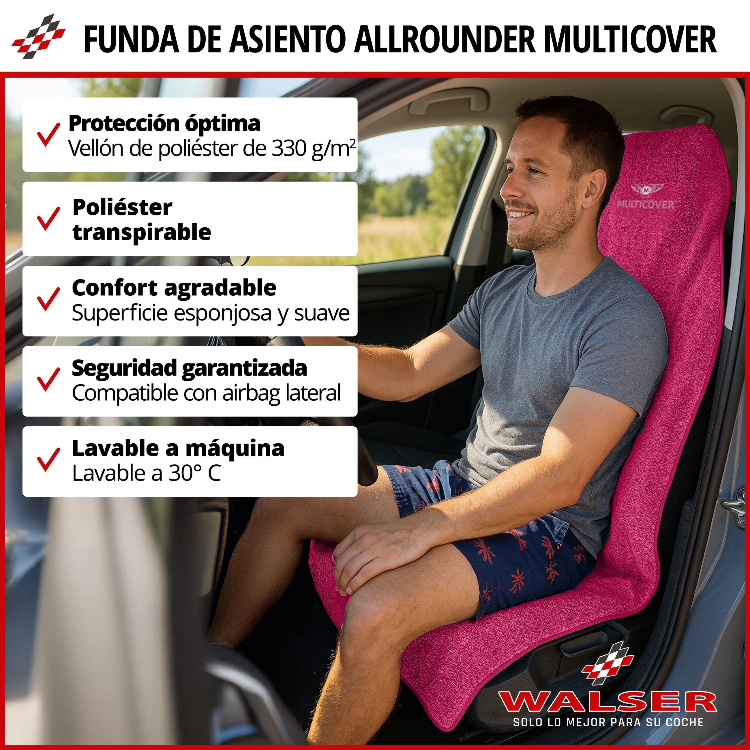 Coche-protector de asiento Multicover, coche-cojín de asiento lavable rosa, 1 pieza