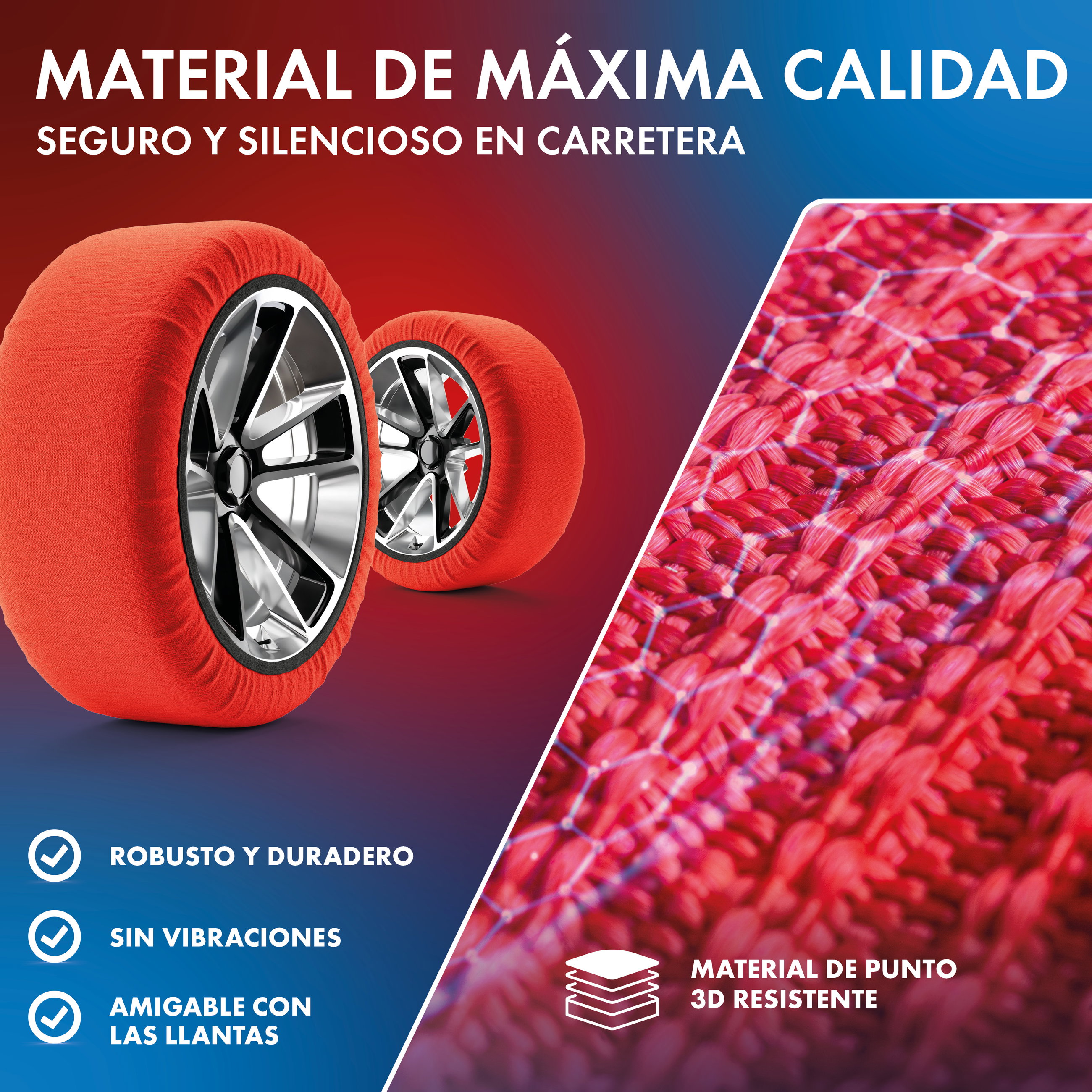 Cadenas de nieve textiles Easygo L, juego de 2 cadenas textiles homologadas según norma UE 16662-1, cadenas de nieve para coche, fundas de nieve coche invierno 2 unidades rojo
