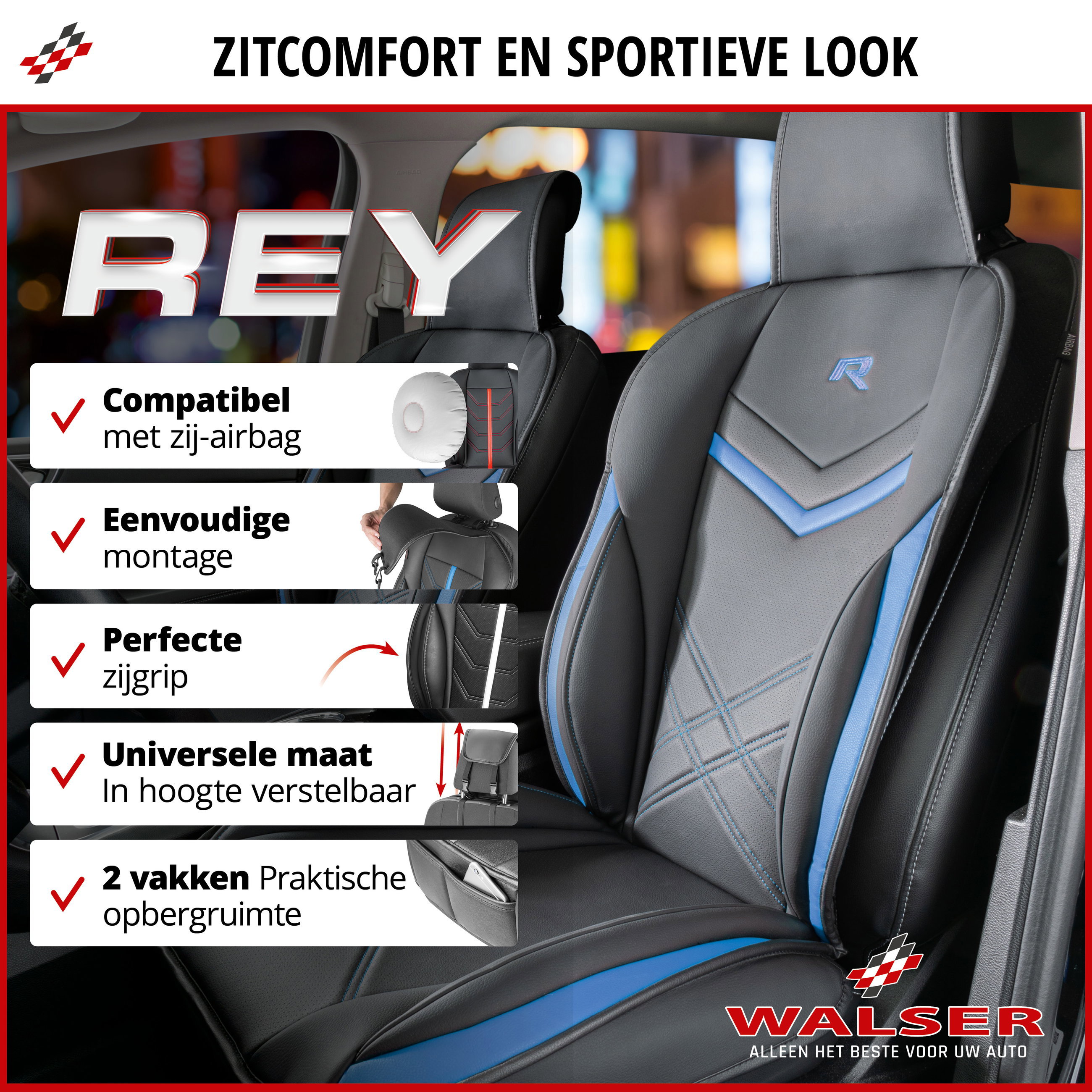 Autostoelhoes, universele stoelhoes en beschermmat in zwart-blauw, stoelbeschermer voor auto's en vrachtwagens in racing look, 1 stuk