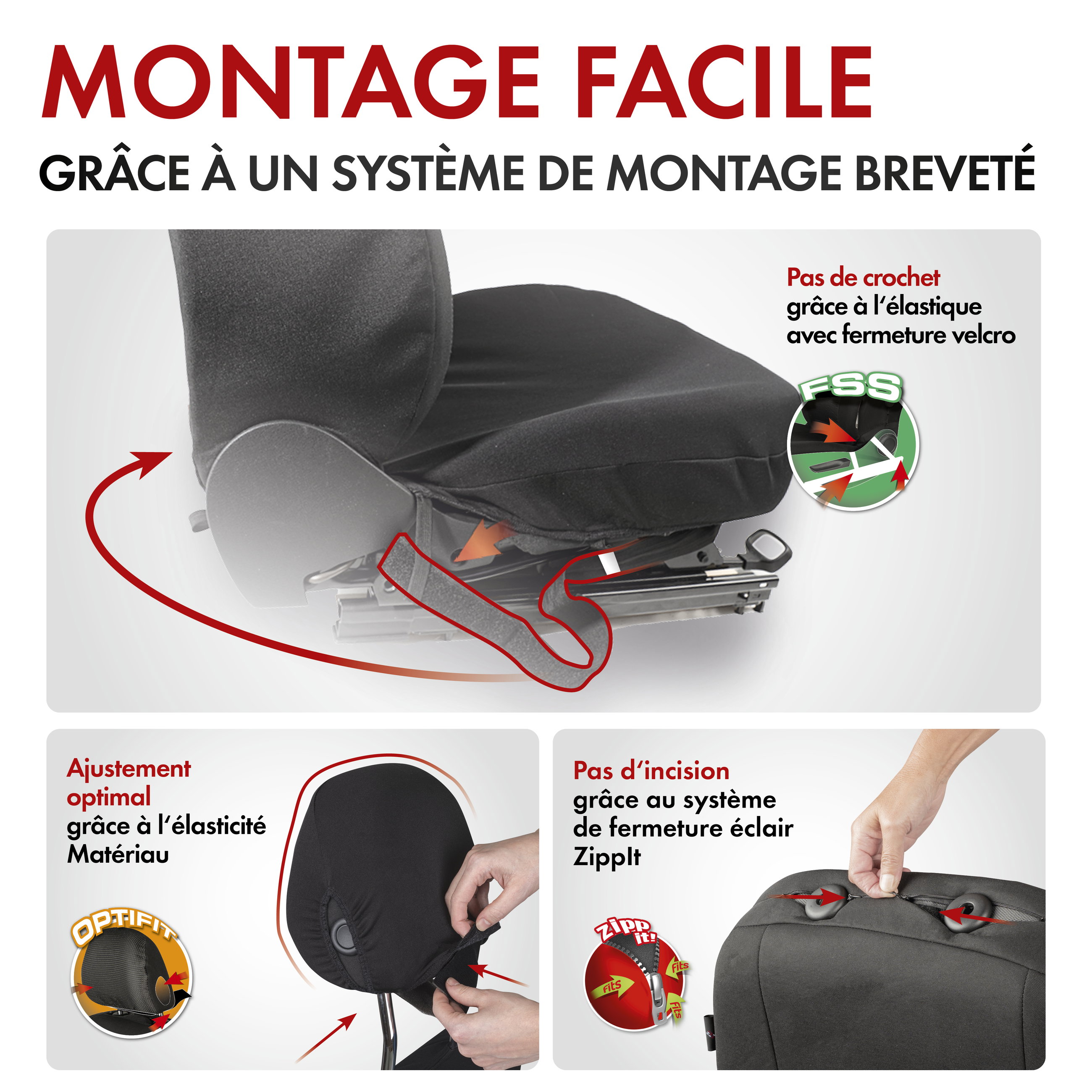ZIPP IT Premium Housse de sièges Logan complet avec système de fermeture éclair noir/argent