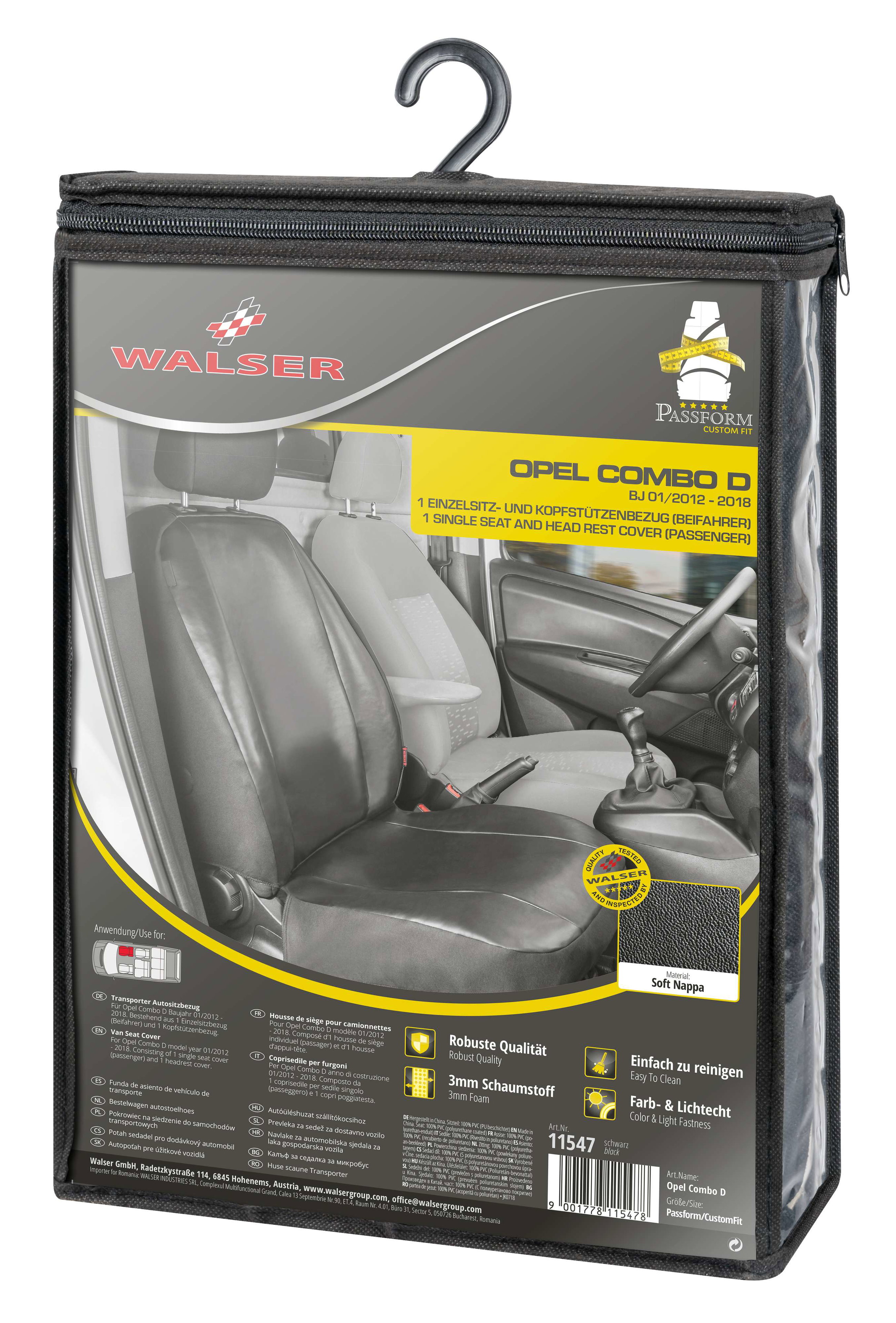 Housse de siège Transporter en simili cuir pour Opel Combo D, 1 siège individuel passager (évidement accoudoir gauche)