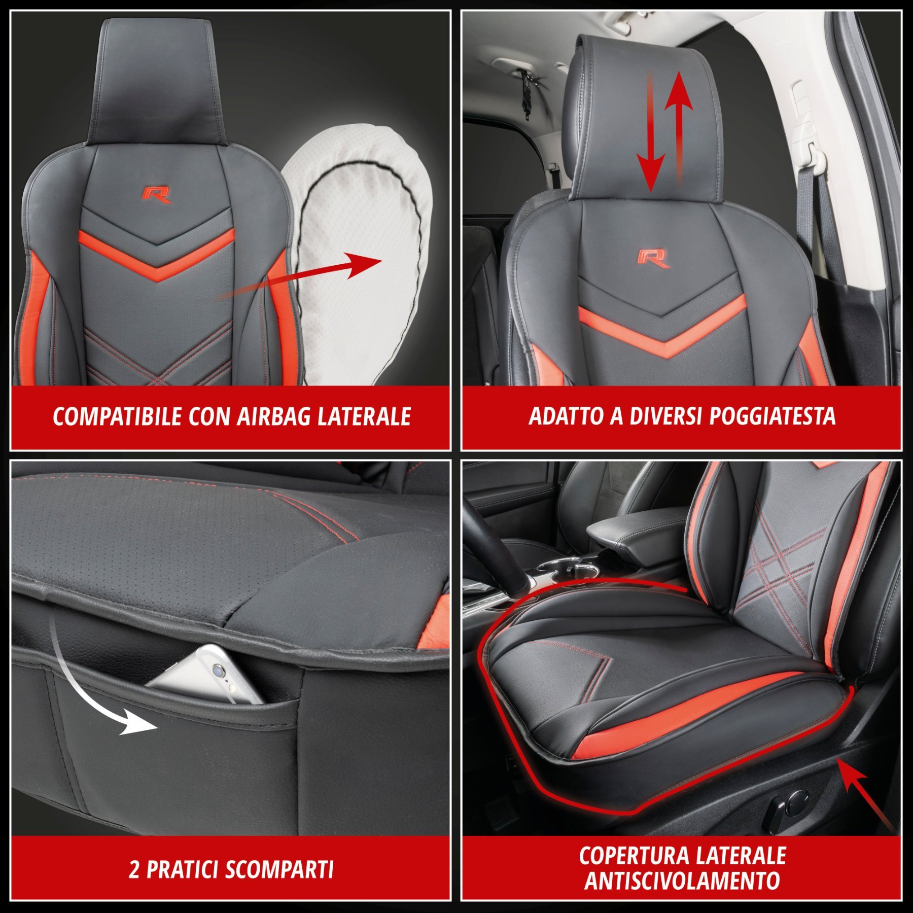 Coprisedili per auto Rey nero/rosso