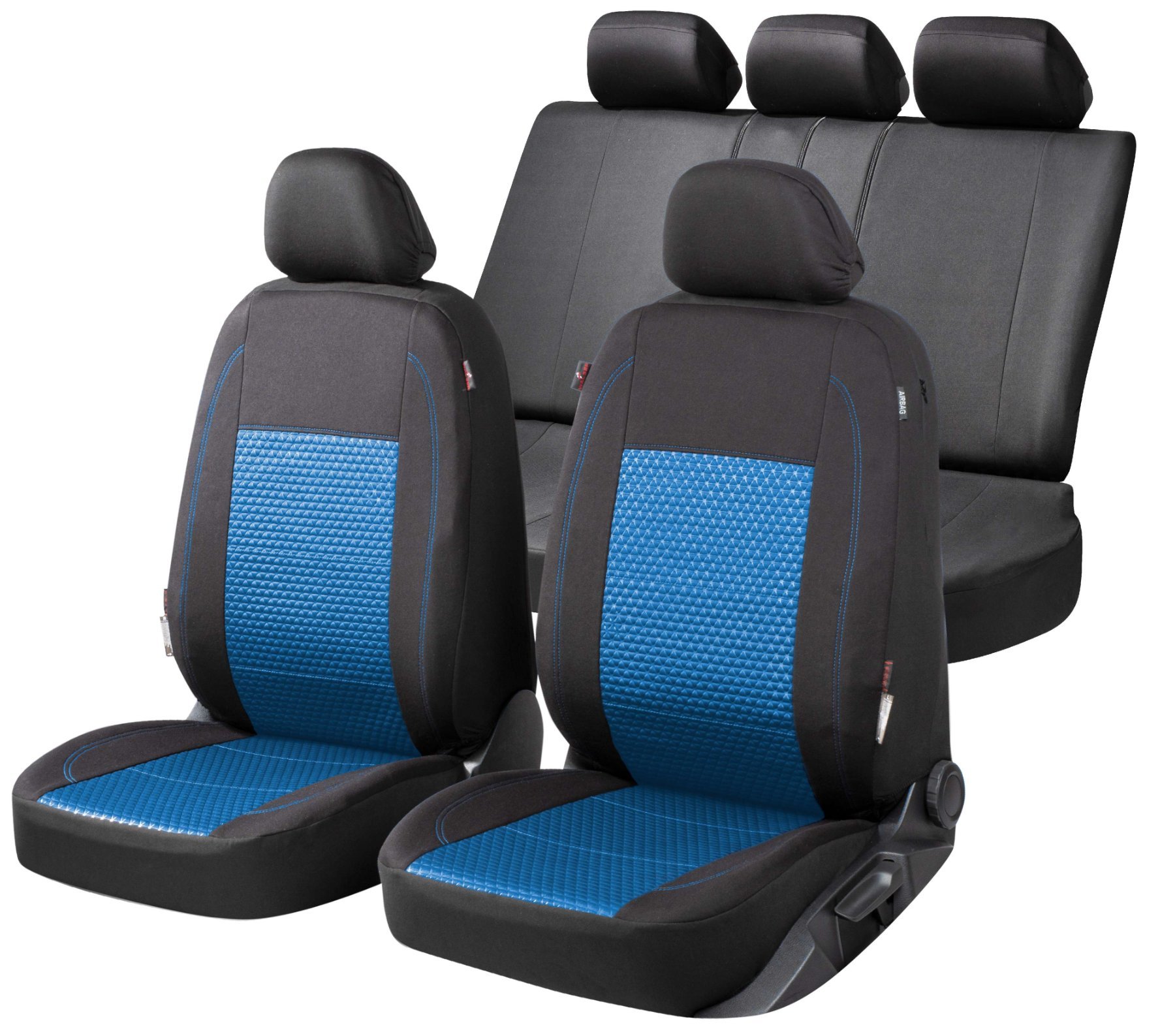 Premium Autostoelbekleding Avignon met Zipper ZIPP-IT, Autostoelhoes set, 2 stoelbeschermer voor voorstoel, 1 stoelbeschermer voor achterbank zwart/blauw