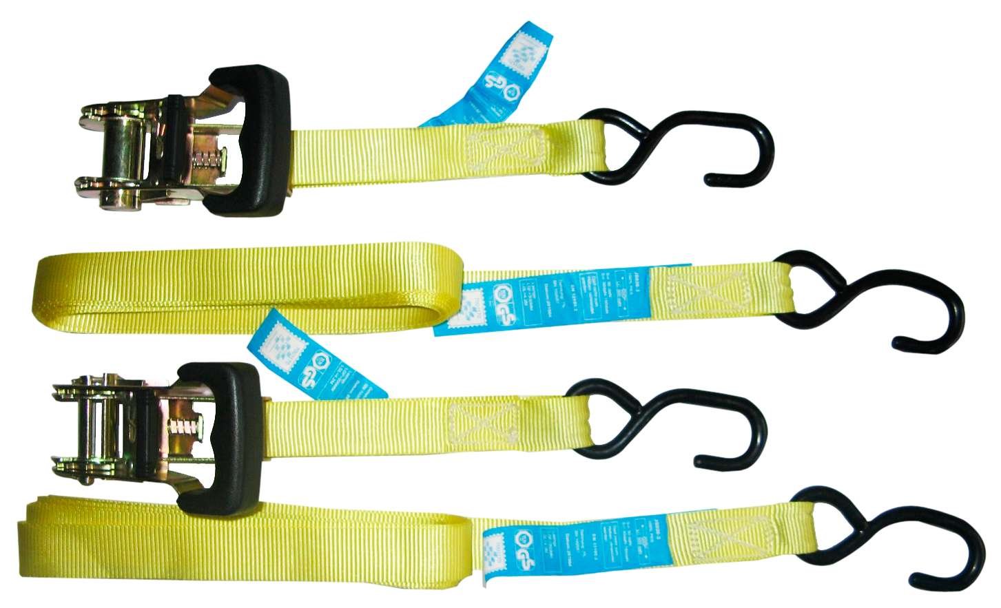 Spanband 4,5m/25mm - 2x met haak en 2x met haak en ratel 300daN