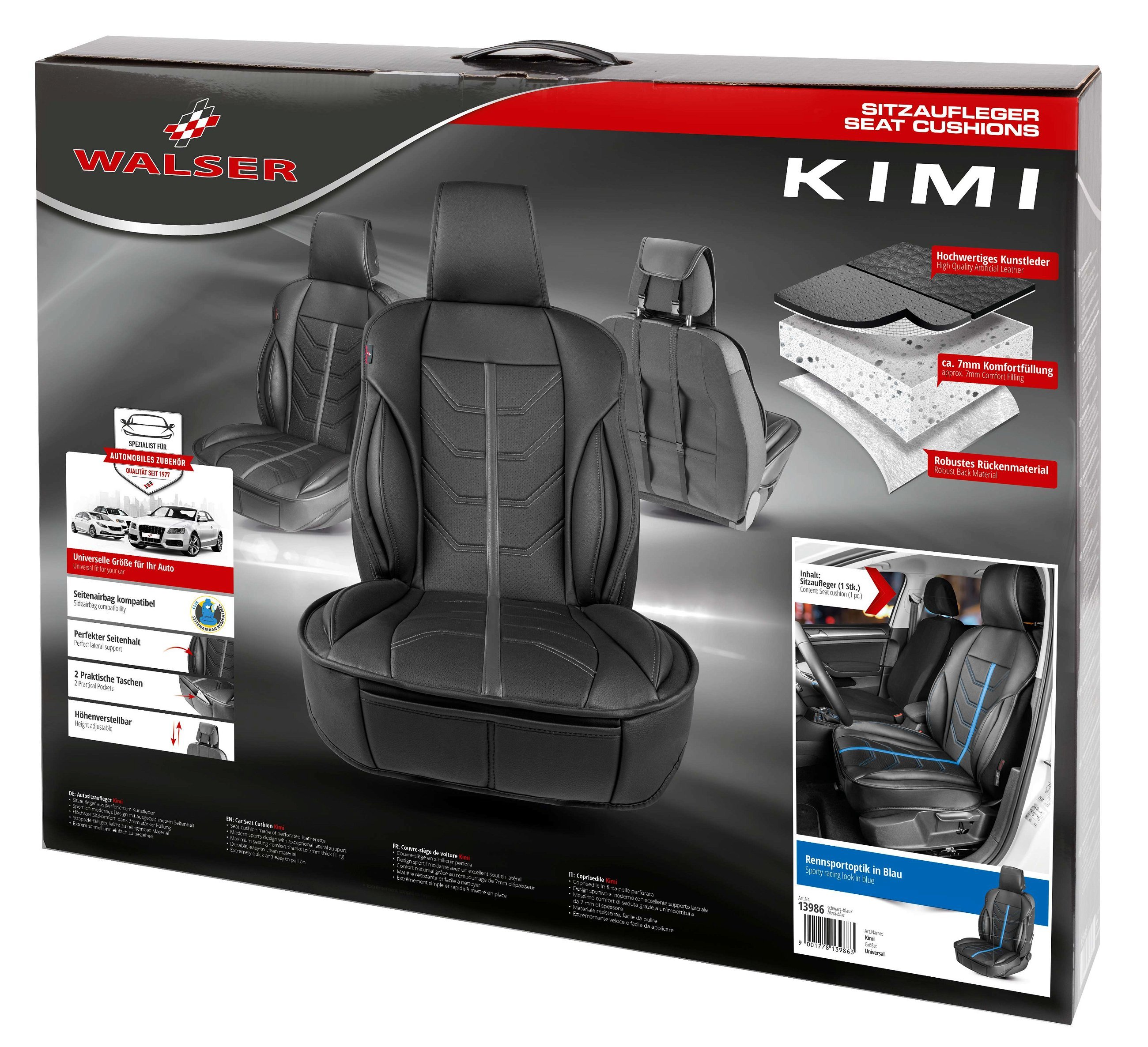 PKW Sitzauflage Kimi, Auto-Sitzaufleger im Rennsportdesign schwarz/blau