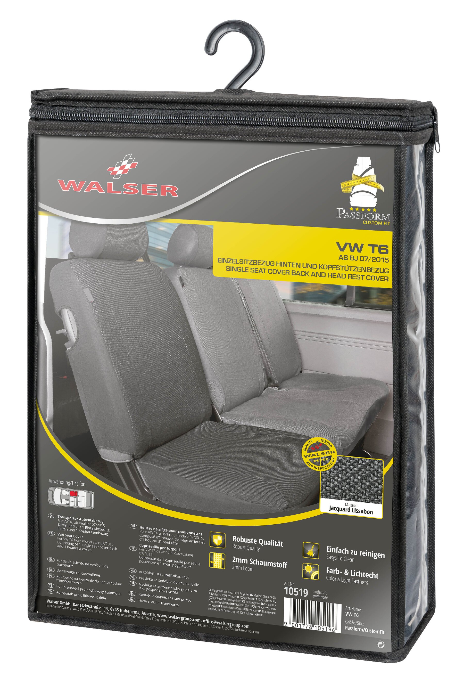 Transporter Coprisedili in tessuto per VW T6, sedile singolo posteriore