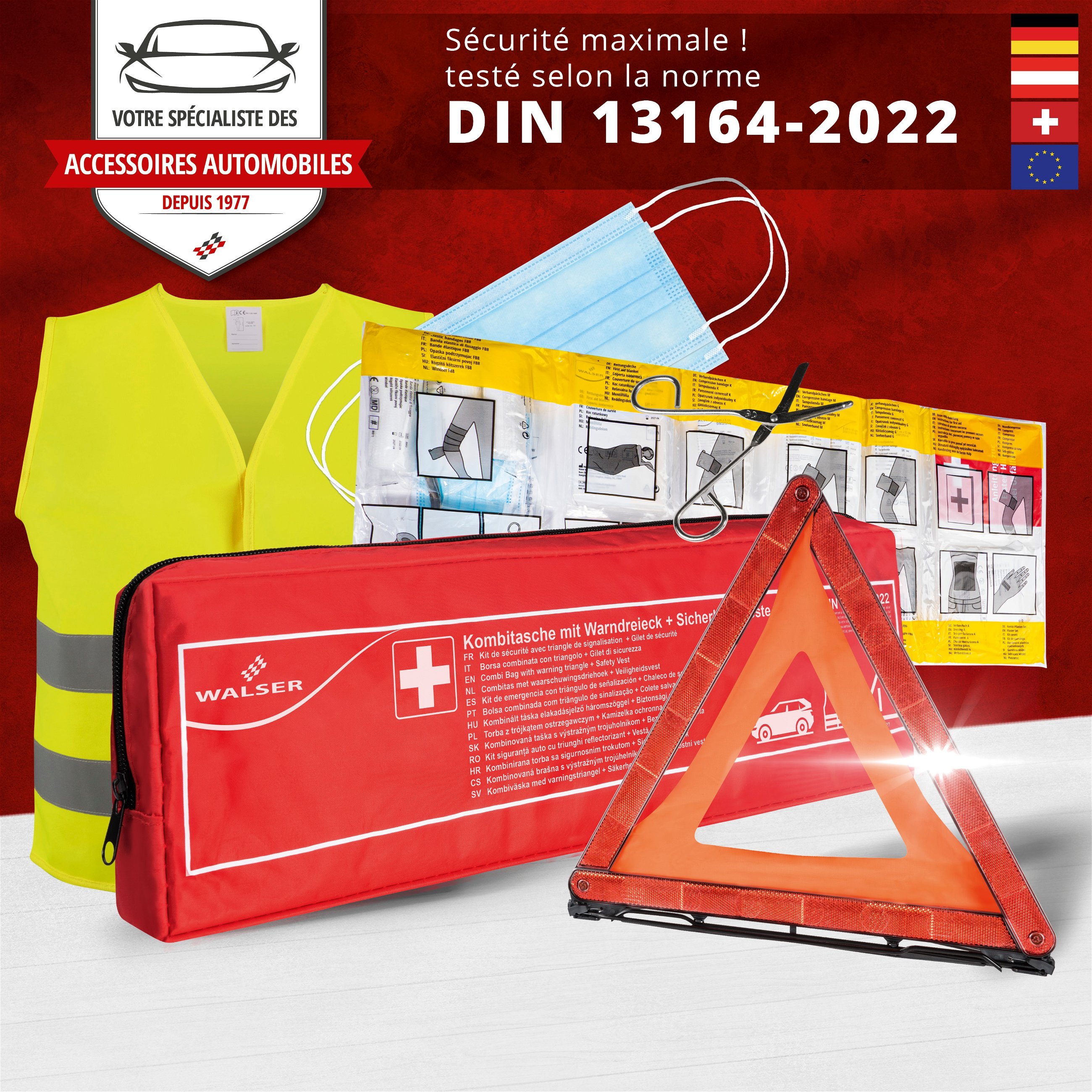 Trousse de secours automobile rouge conforme à la norme DIN 13164:2022, y compris triangle de panne et gilet de sécurité, kit de premiers secours automobile