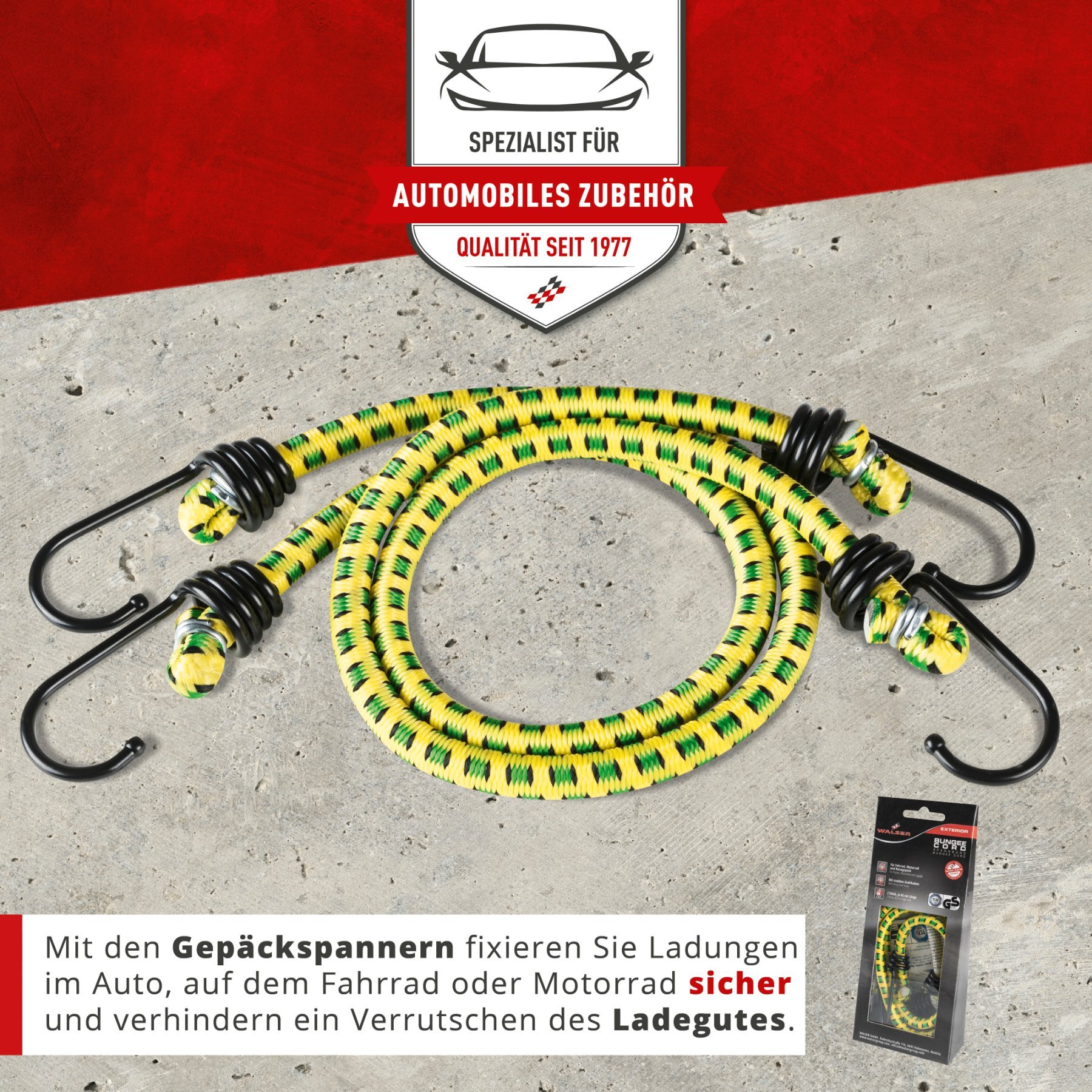 Gepäckspanner mit Haken, Spanngummi-Set, 2 Spanngurte 45 cm gelb