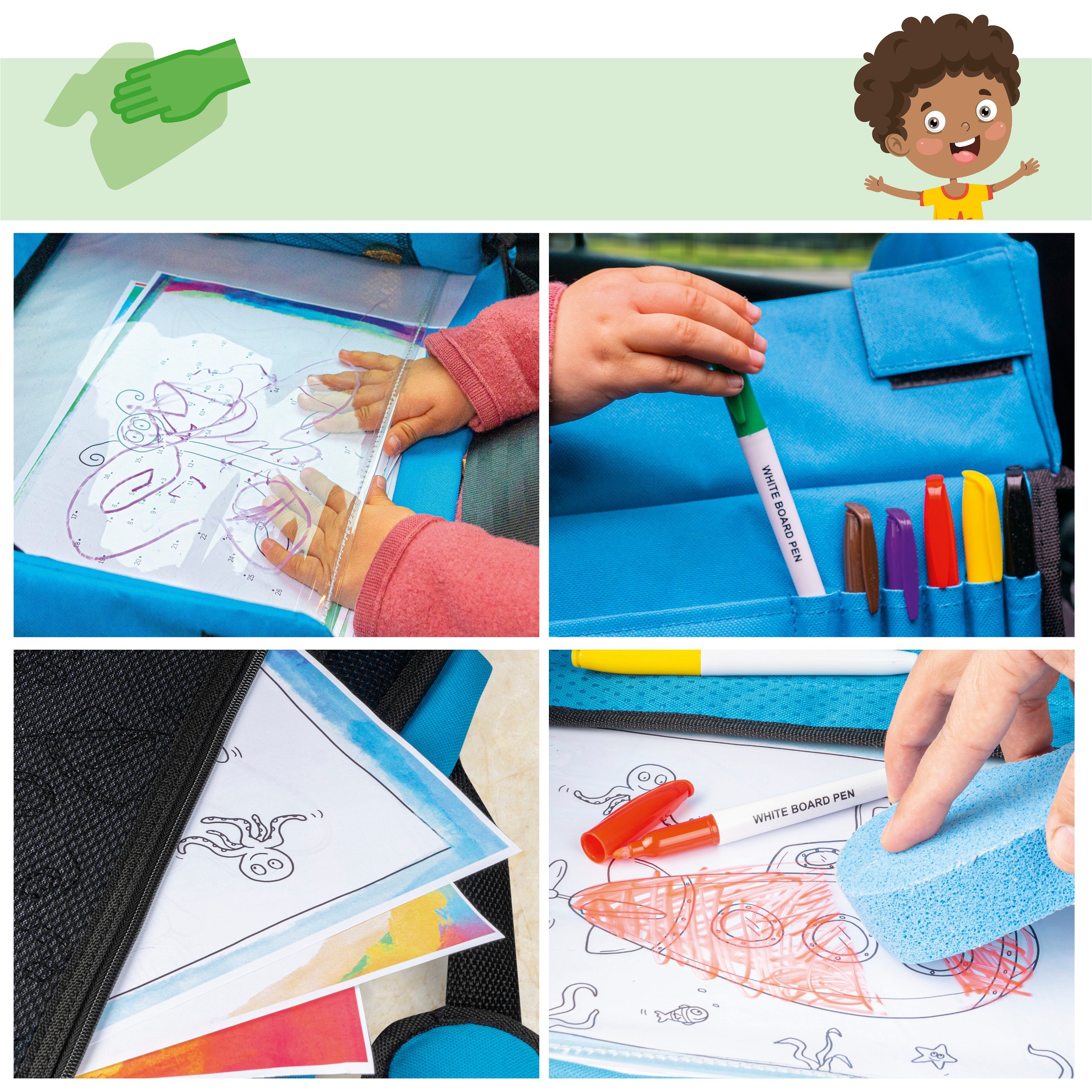 Children's travel play table for the car with tablet holder blue