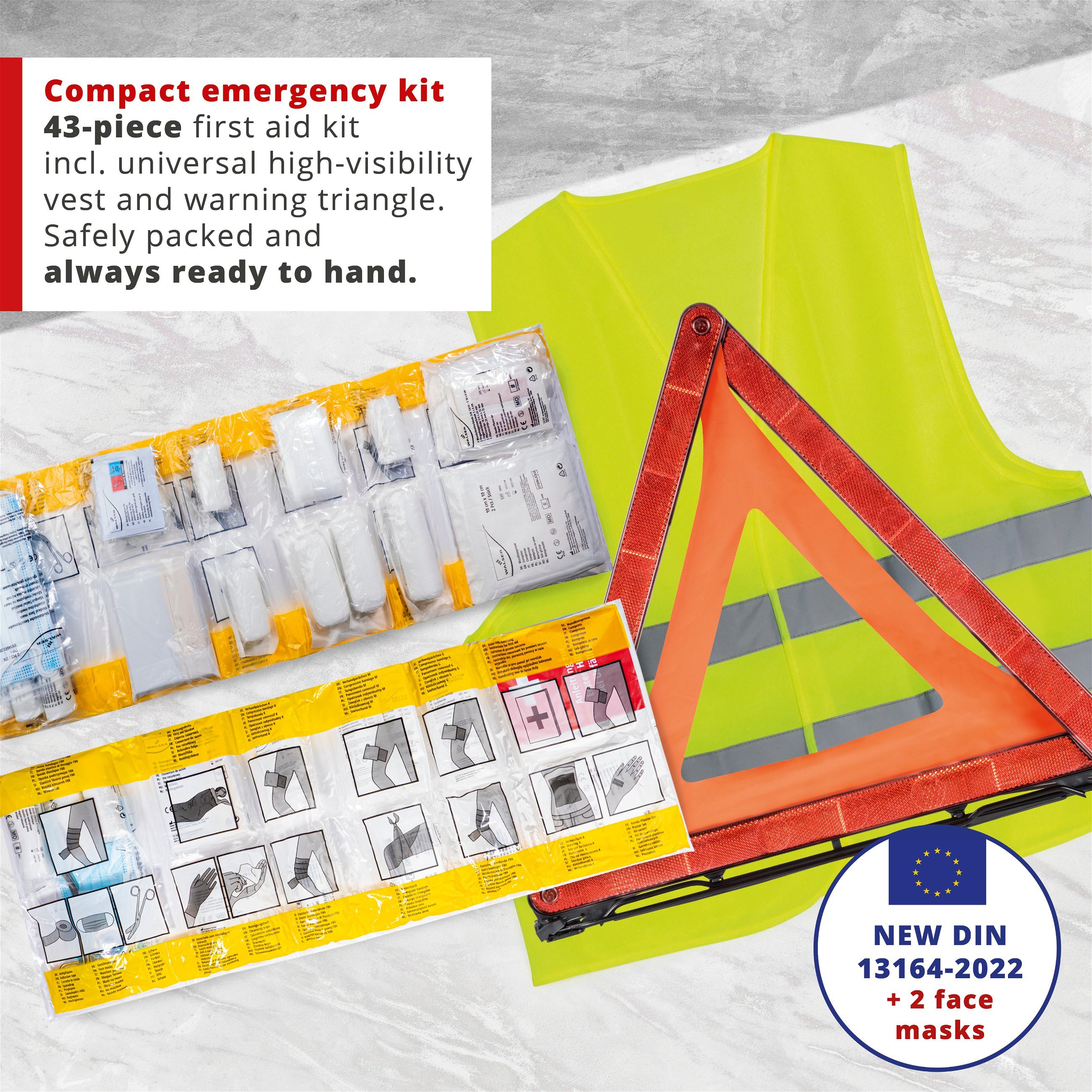 Car first aid bag red according to DIN 13164:2022 incl. breakdown triangle and warning waistcoat, first aid set car