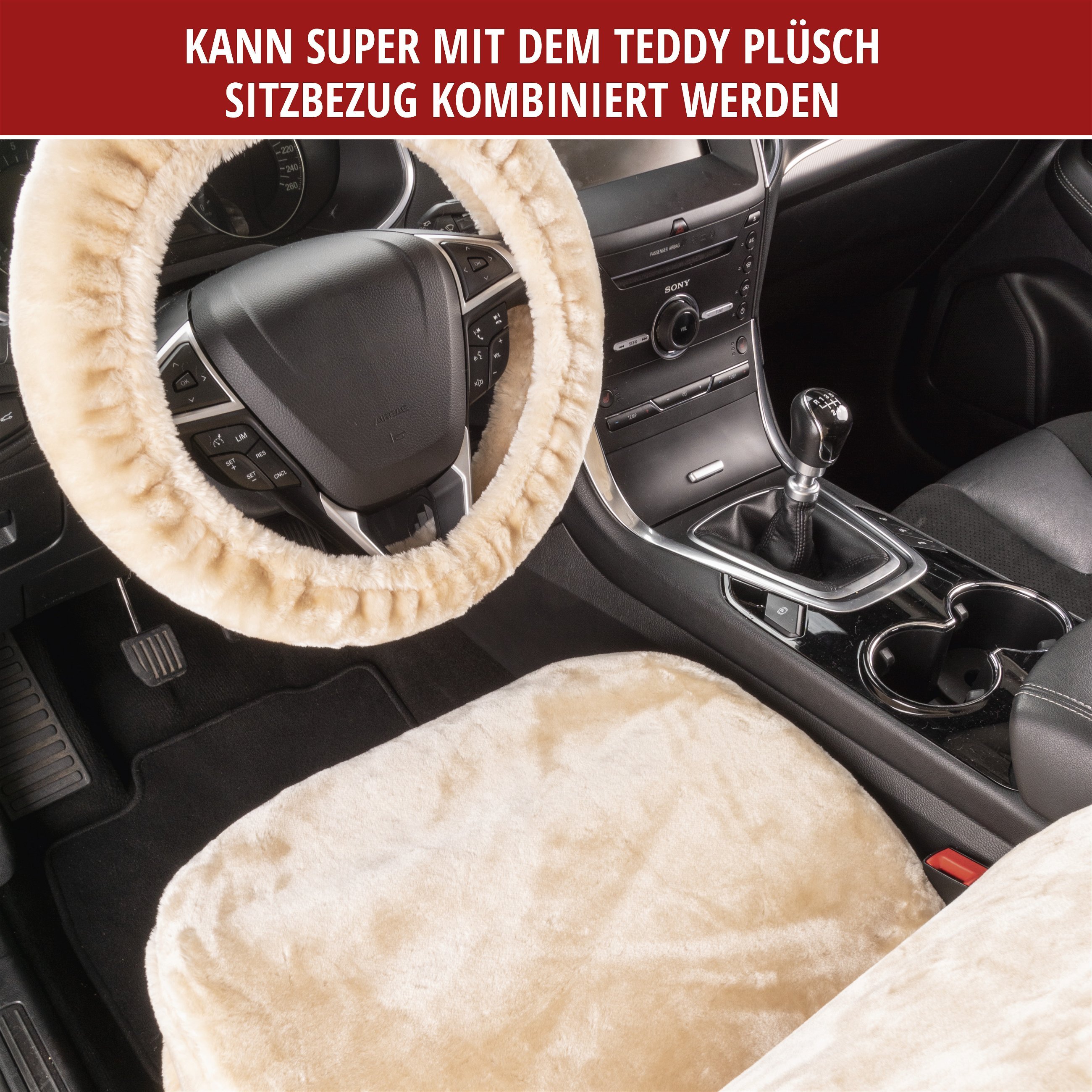 Lenkradhülle Teddy Plüsch, Vegane Lenkradhülle aus Kunstfell, Plüsch-Lenkradschoner beige