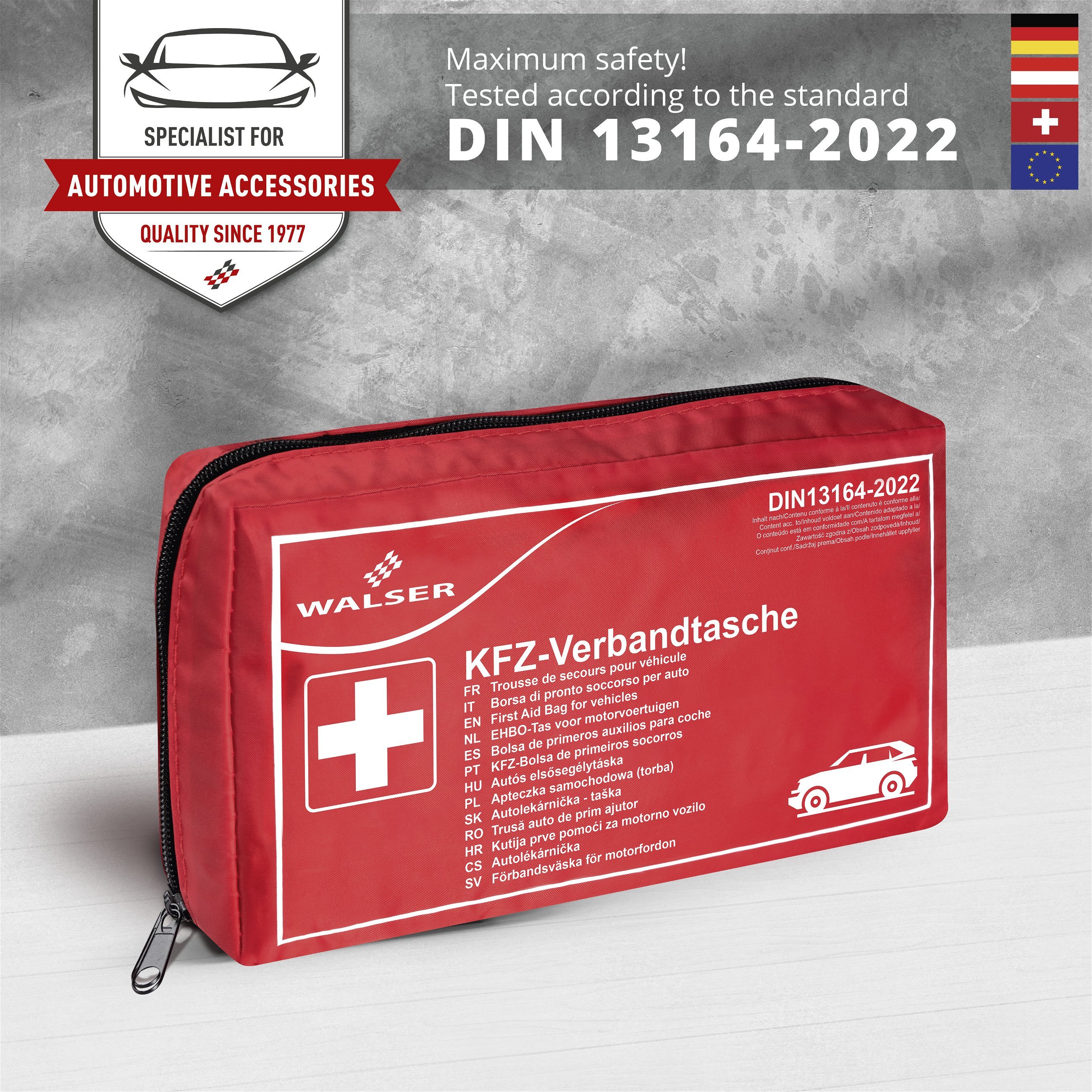 Red first aid kit for the car, compliant with DIN 13164:2022, car first aid kit, red car emergency kit