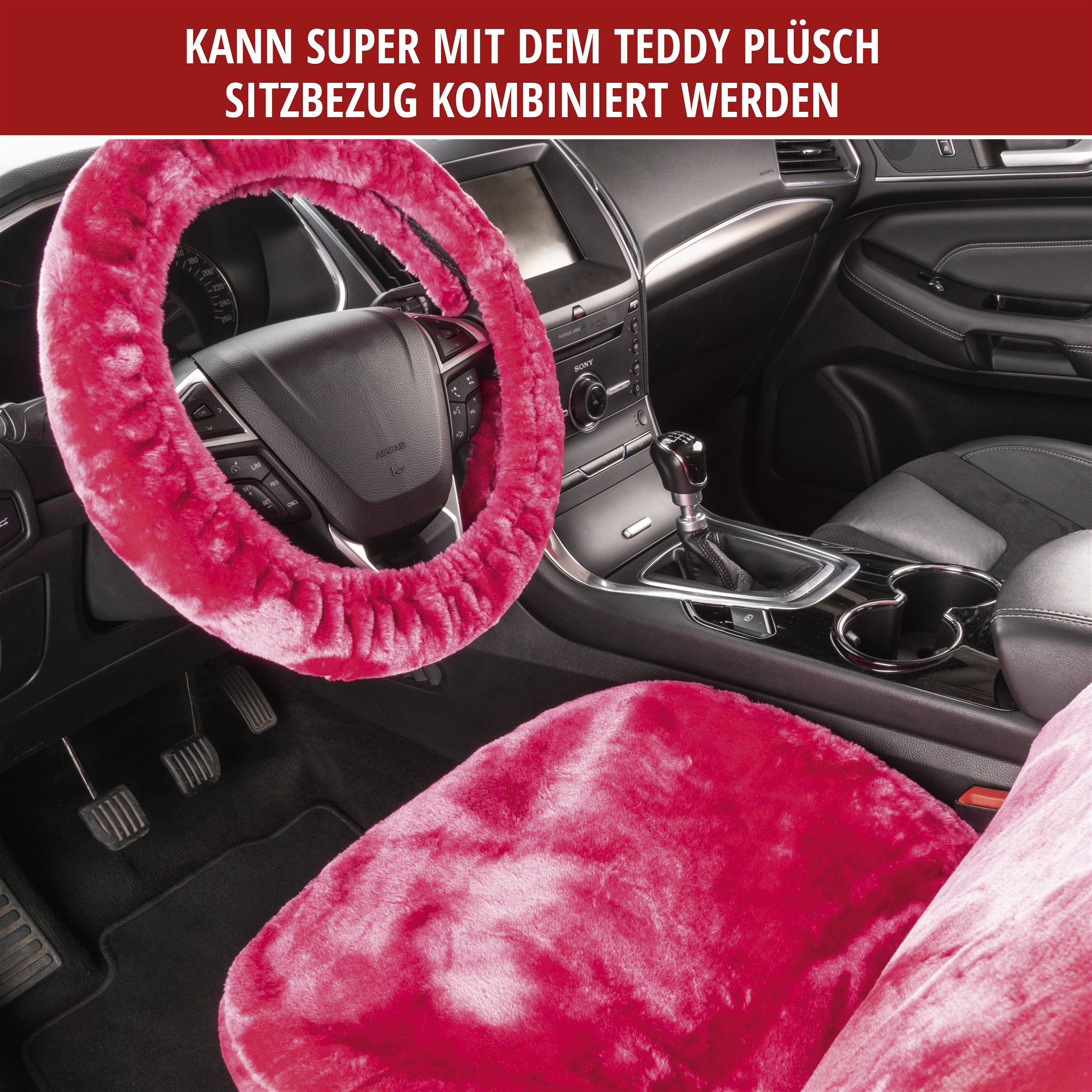 Lenkradhülle Teddy Plüsch, Vegane Lenkradhülle aus Kunstfell, Plüsch-Lenkradschoner pink