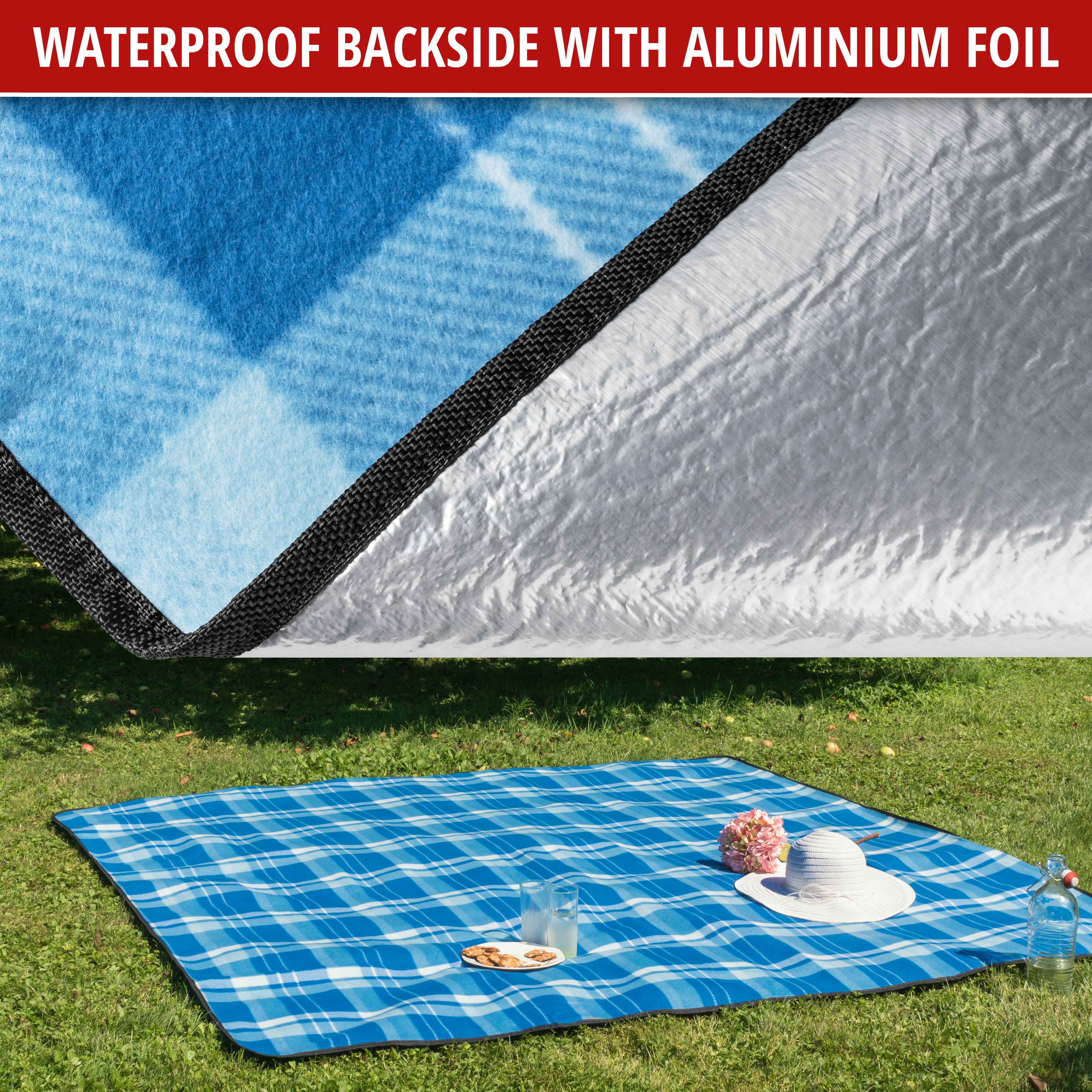 Travel blanket with aluminium back blue/white check 200x200cm