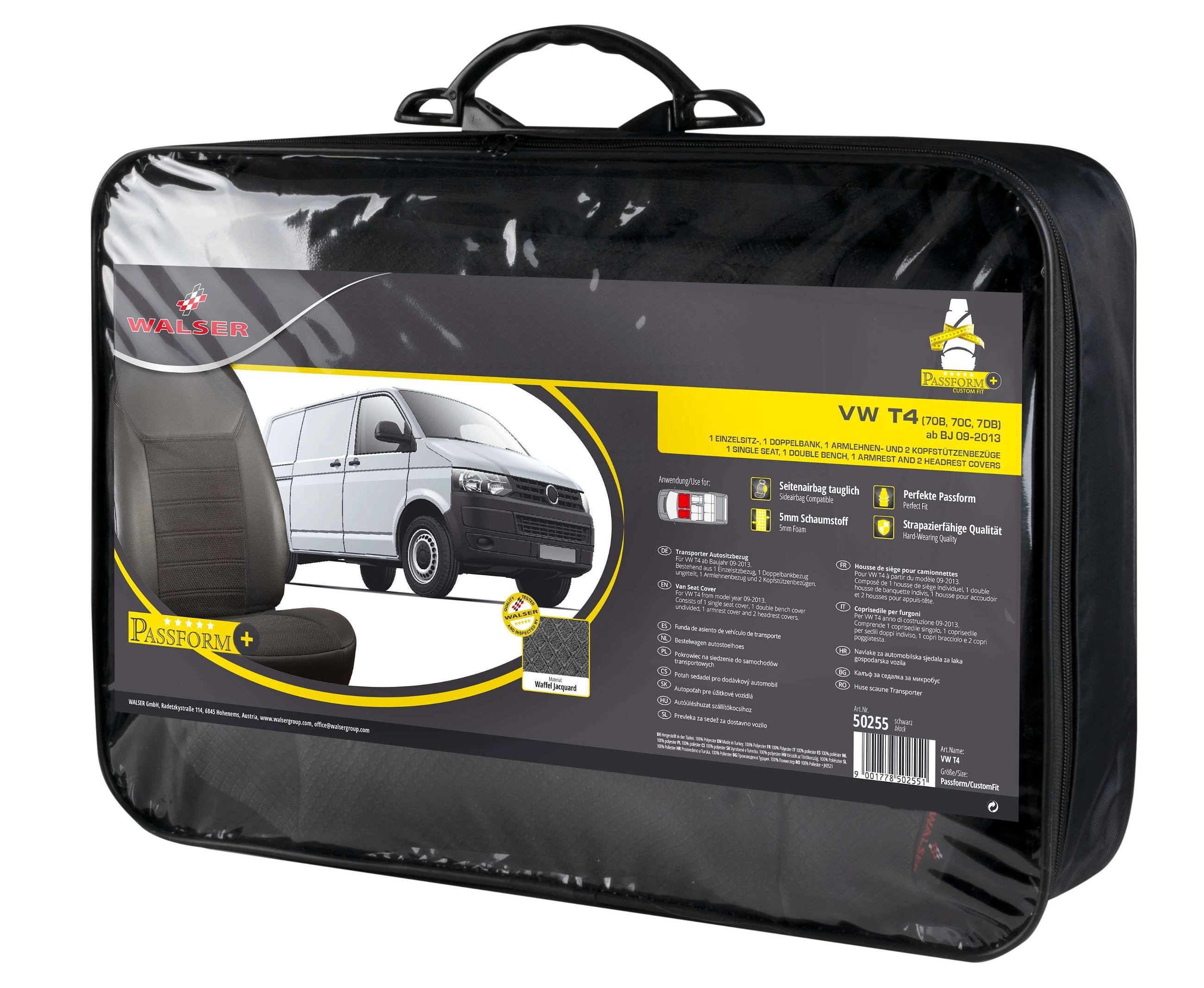 Premium Autostoelbekleding compatibel met VW T4 1990-2004, 1 enkel stoelbekleding front + Armsteunbeschermer, 1 Dubbele bankhoes