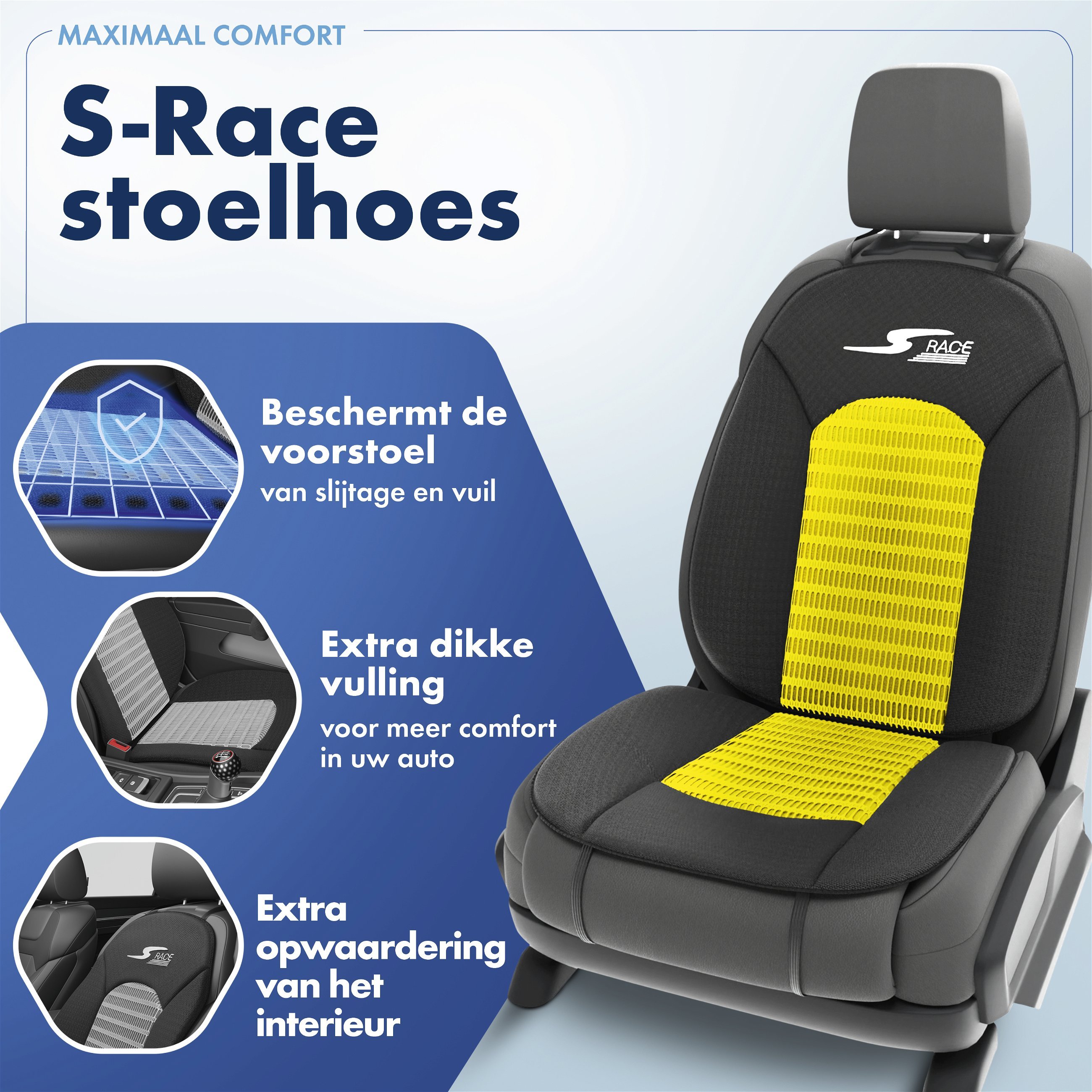 Autostoelhoes, bekleding S-Race in geel/zwart