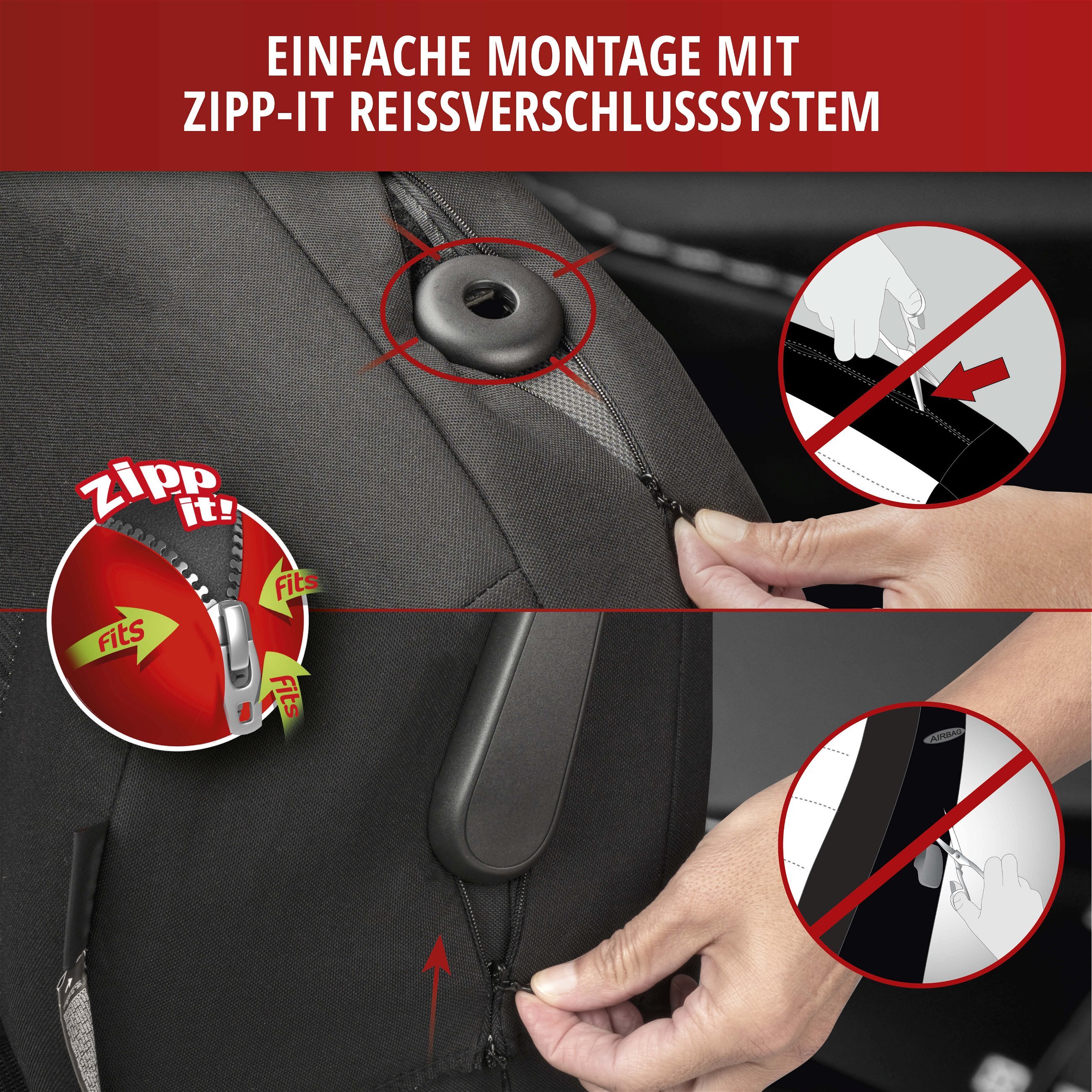Autositzbezug ZIPP-IT Premium Inde, PKW-Schonbezug Einzelsitz mit Reißverschluss-System schwarz/grau