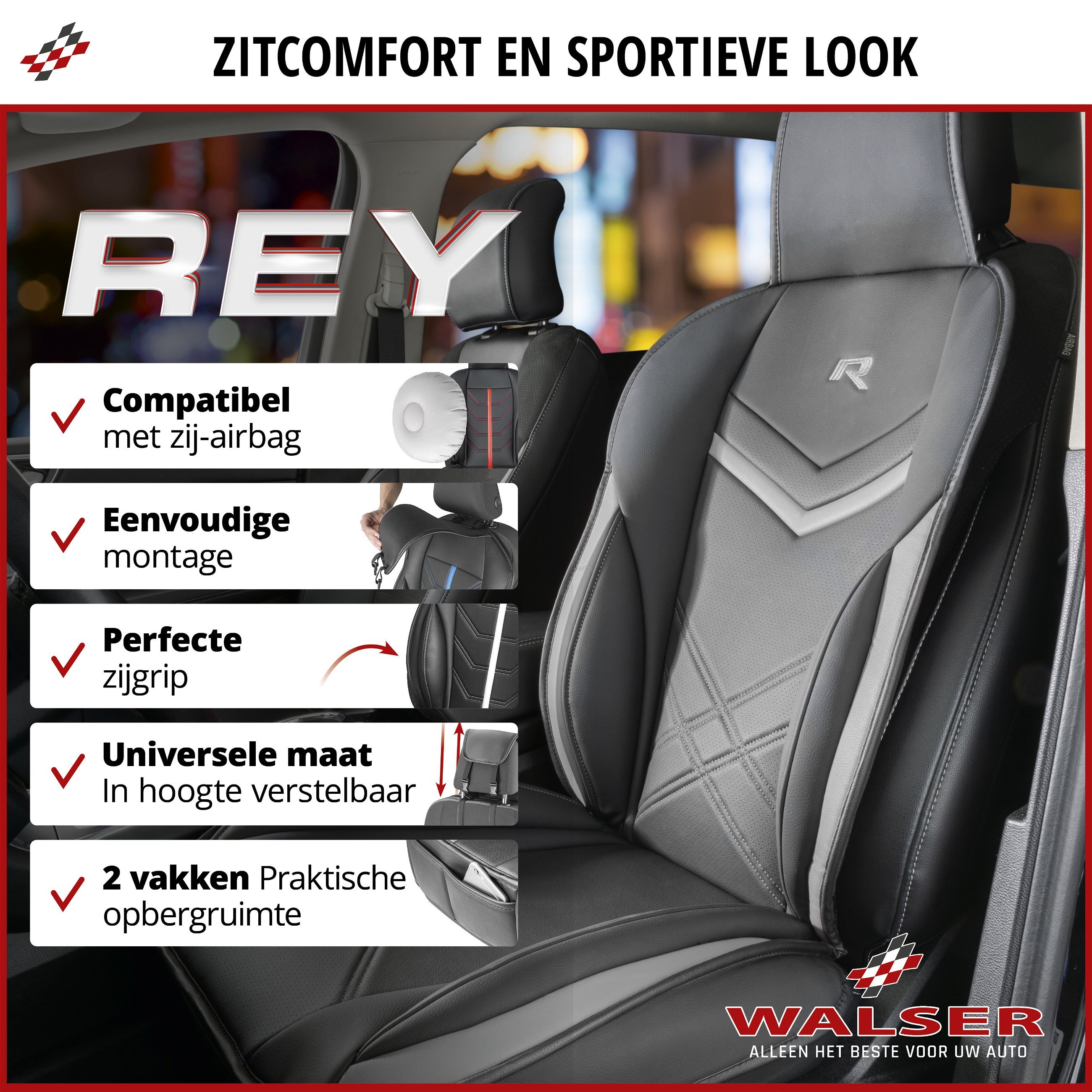 Autostoelhoes Rey, universele stoelhoes en beschermmat in zwart-grijs, stoelbeschermer voor auto's en vrachtwagens in racing look