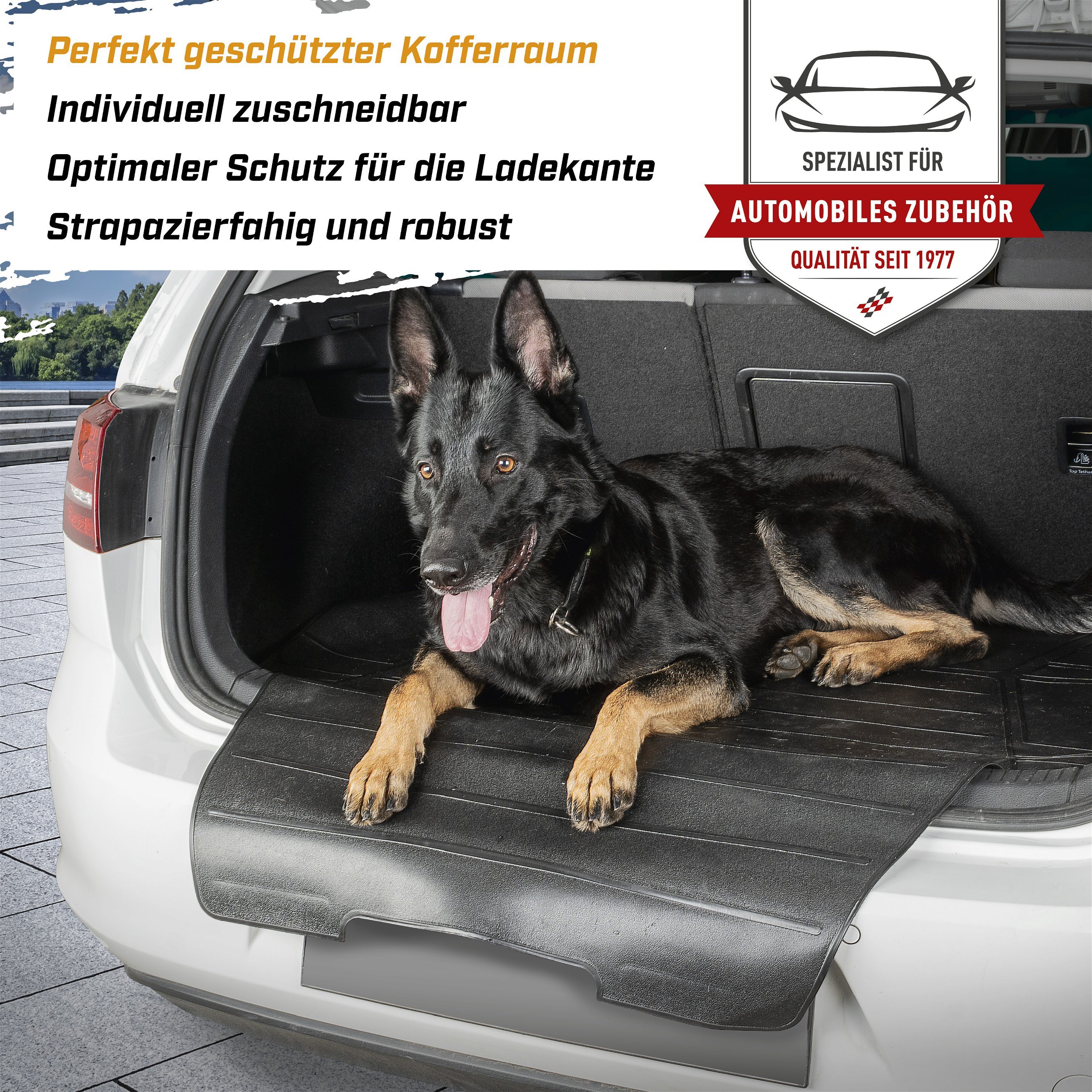 Kofferraummatte Bootguard mit Ladekantenschutz, Kofferraumwanne zuschneidbar mit Stoßstangenschutz 120x76+39cm