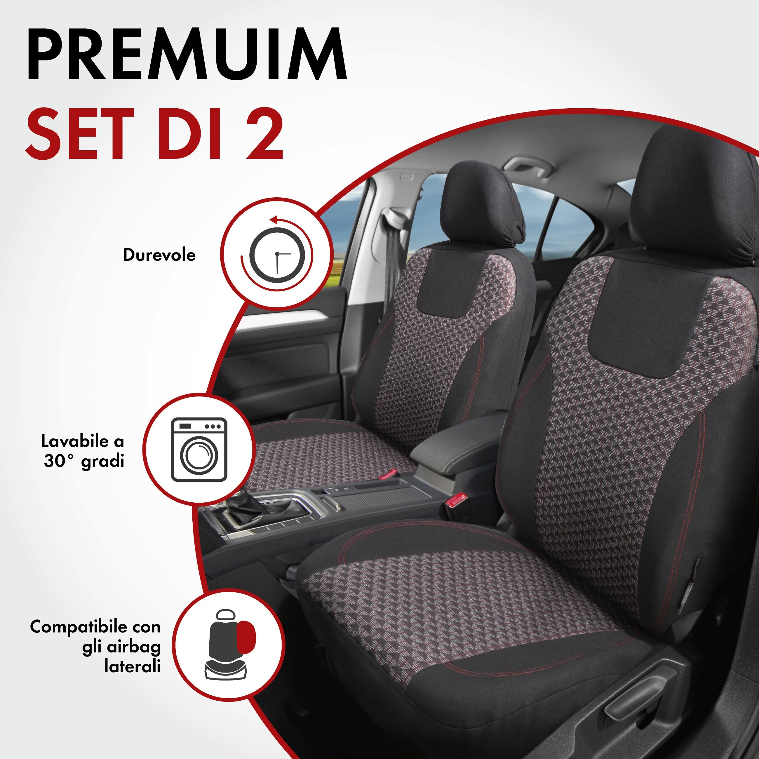 ZIPP IT Premium Coprisedili Redring per due sedili anteriori con sistema di chiusura lampo nero/rosso