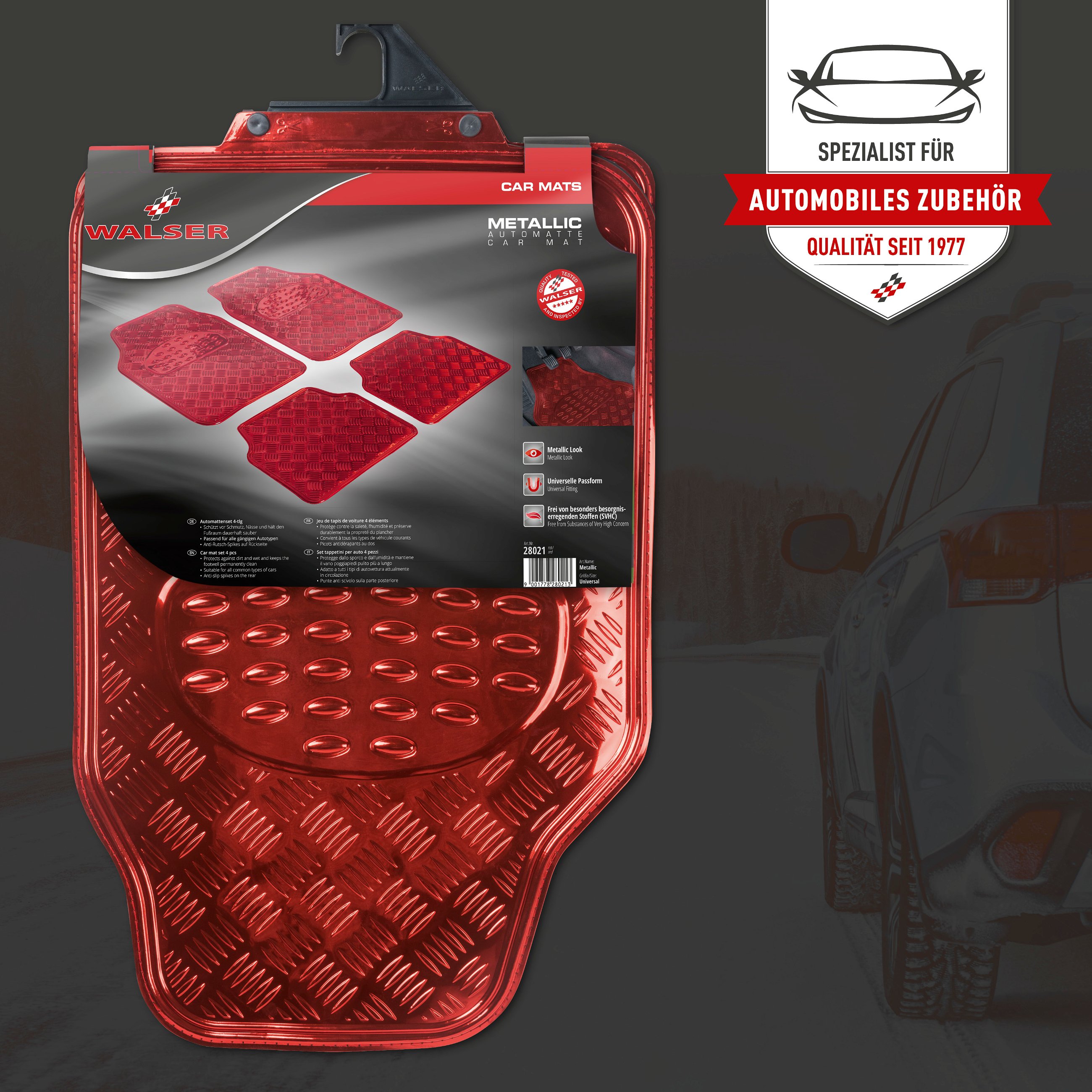 Tapis de voiture en caoutchouc Plaque de contrôle métallique look rouge maxi
