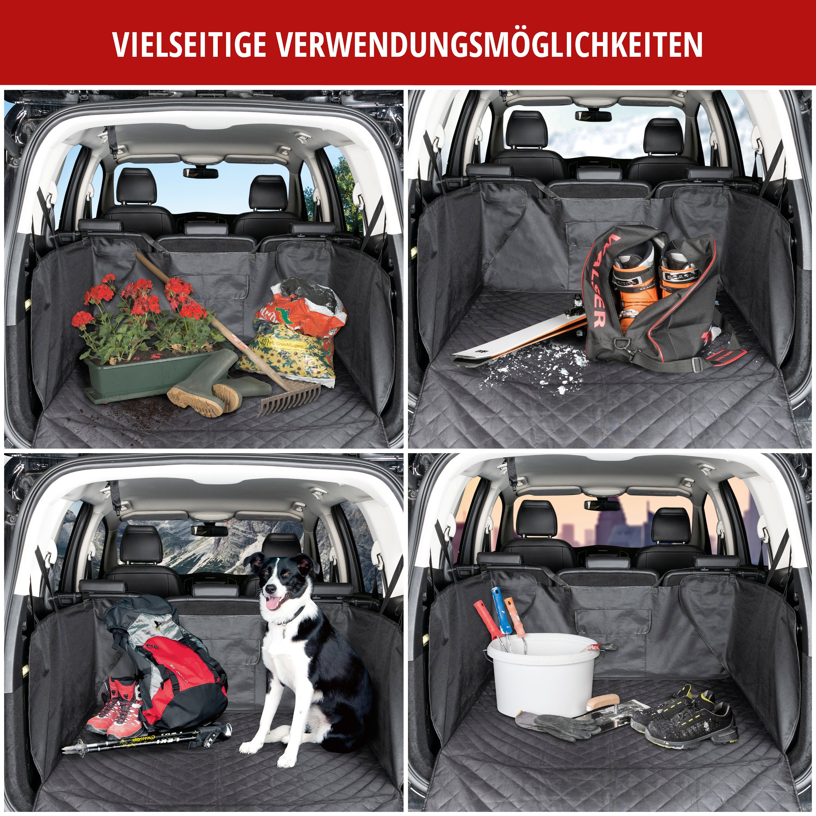 Kofferraumdecke Bello, Auto-Hundedecke, 3in1 Kofferraummatte mit Ladekantenschutz und Organizer schwarz