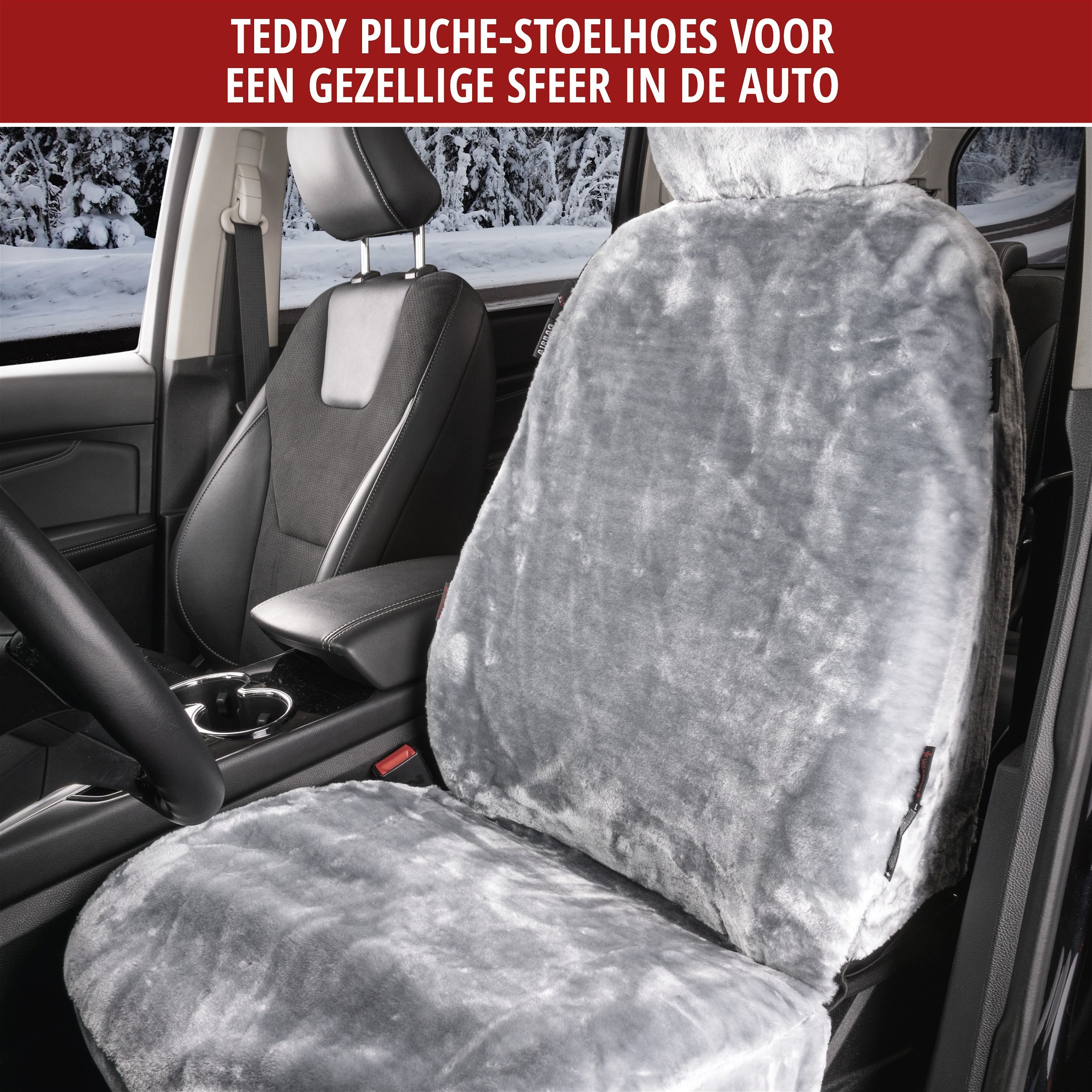 Autostoelhoes teddy, stoelhoes kunstbont, vegan autohoes in bontoptiek, fluffy stoelhoes vegan zilver