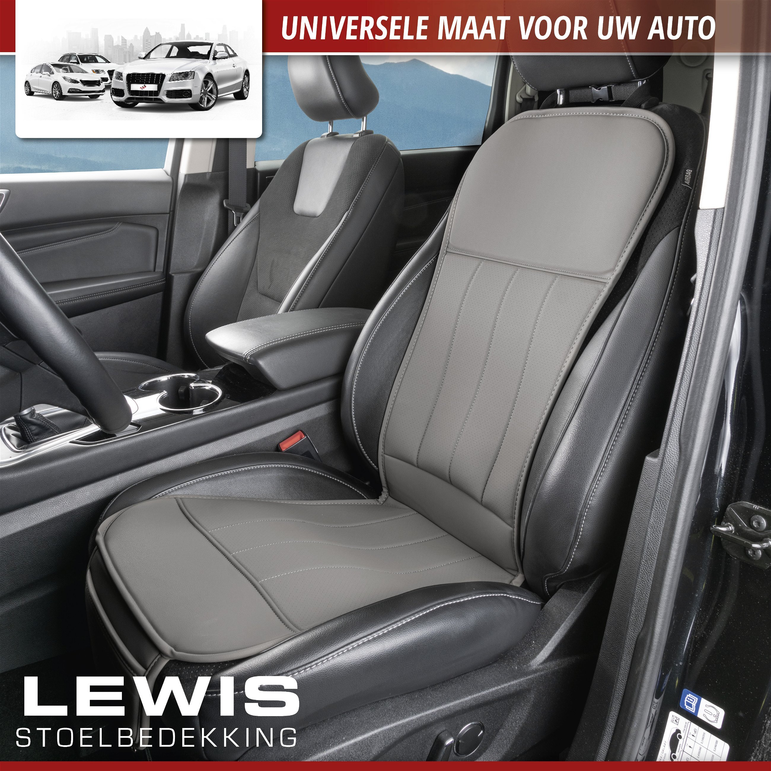Autostoelhoes Lewis, universele stoelhoes en beschermmat in grijs, stoelbeschermer voor auto's en vrachtwagens
