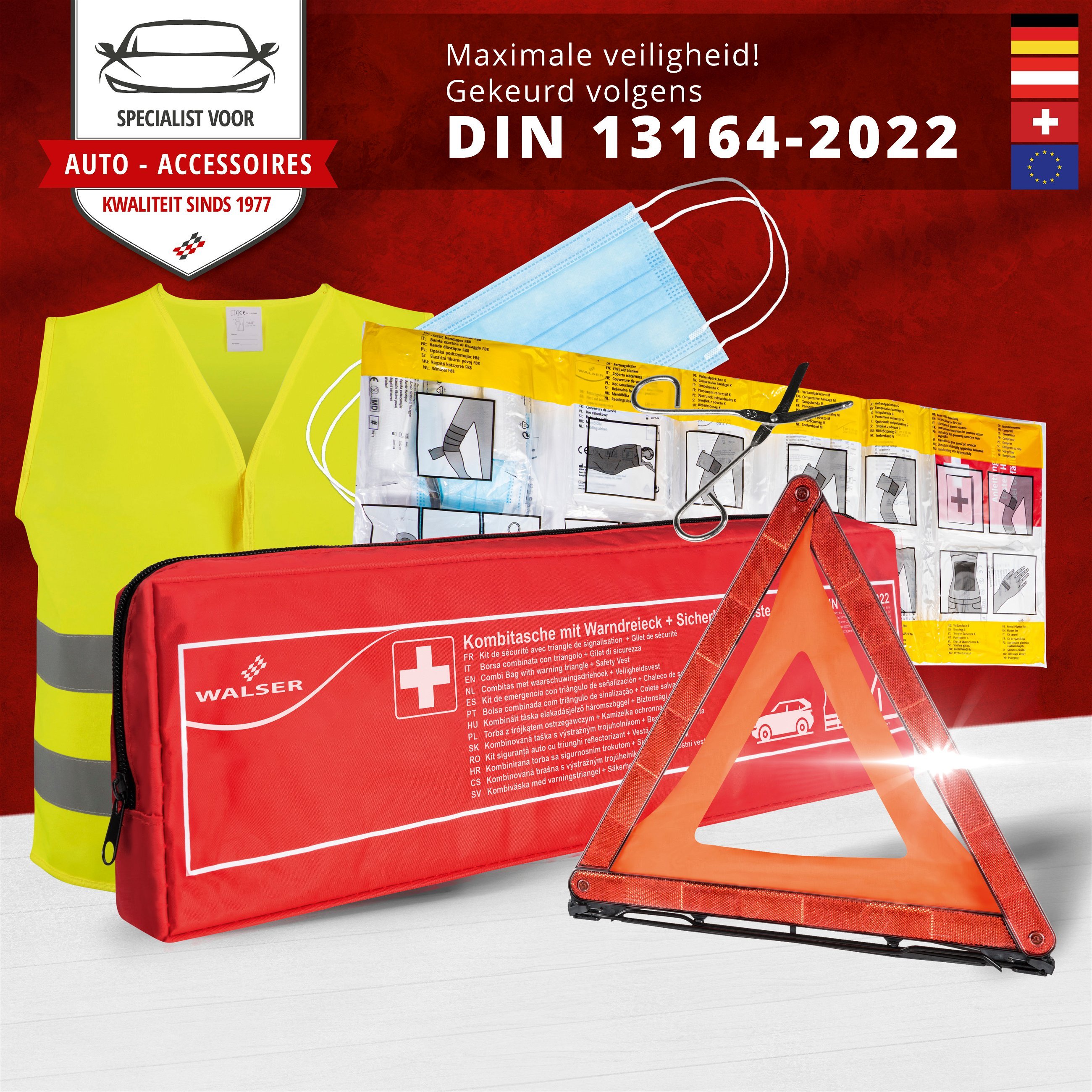 EHBO-tas auto rood volgens DIN 13164:2022 incl. pechdriehoek en high-visibility vest, EHBO-set auto