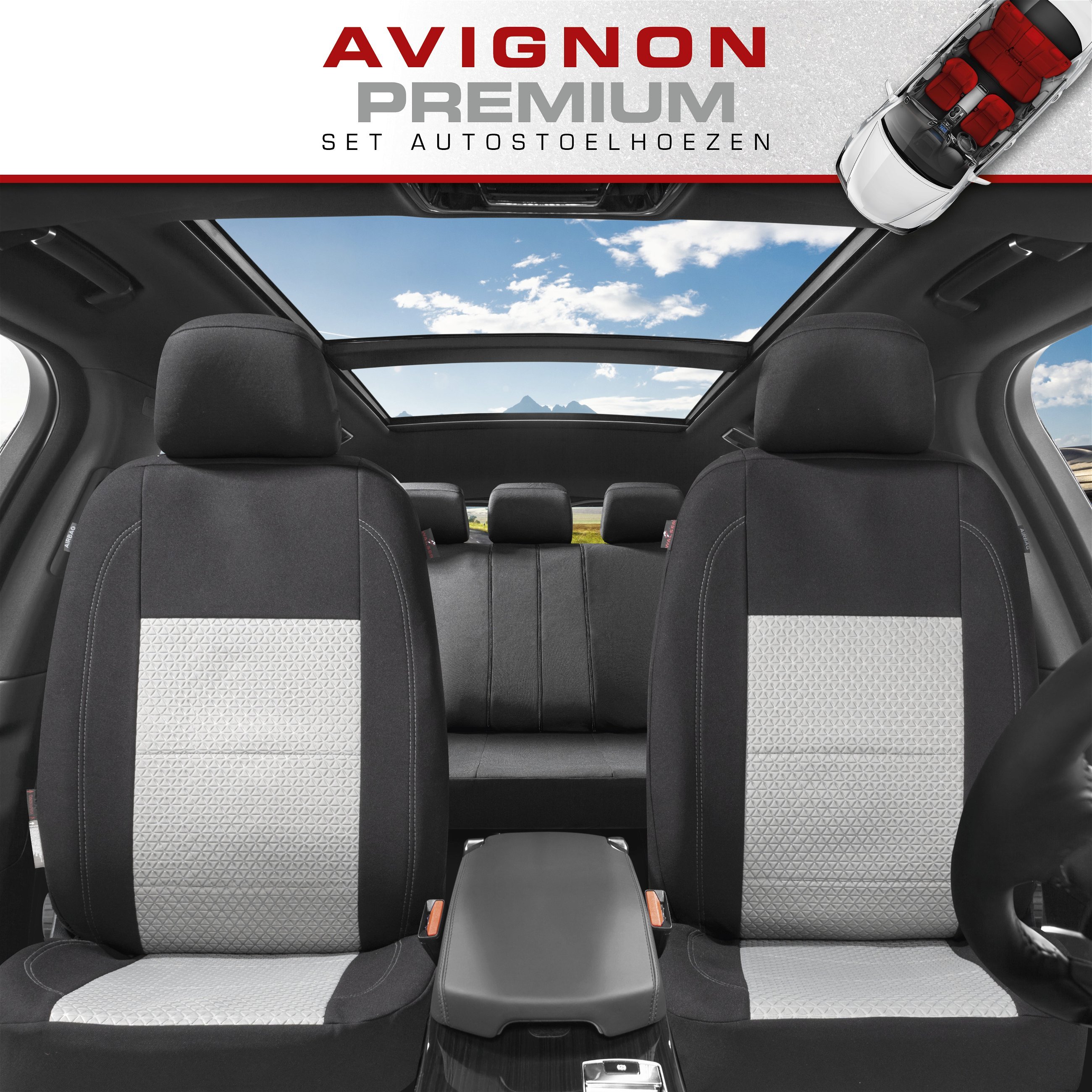 Premium Autostoelbekleding Avignon met Zipper ZIPP-IT, Autostoelhoes set, 2 stoelbeschermer voor voorstoel, 1 stoelbeschermer voor achterbank zwart/silber