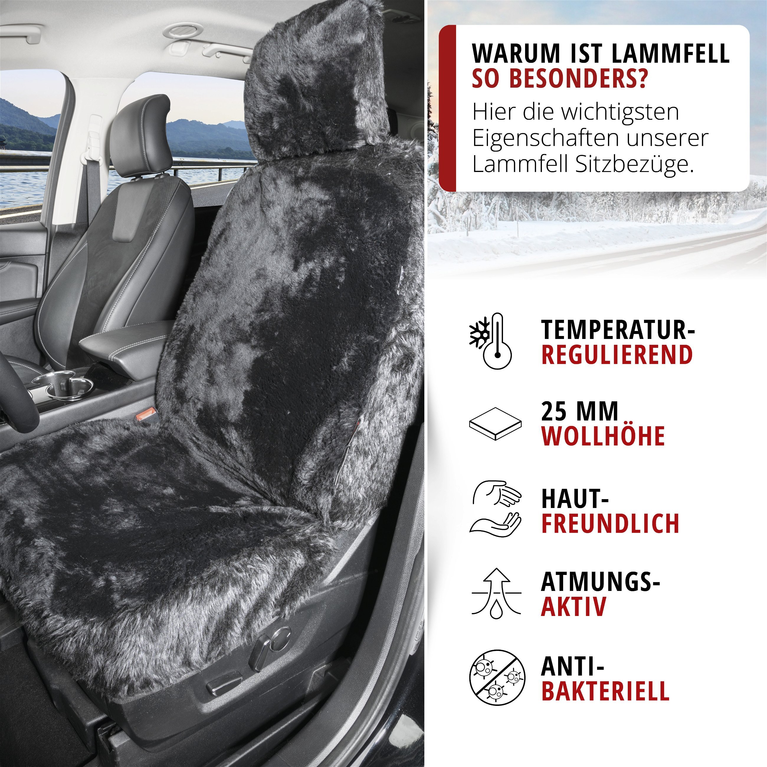 Autositzbezug Maya aus Lammfell, PKW-Schonbezug Einzelsitz, Lammfellbezug schwarz