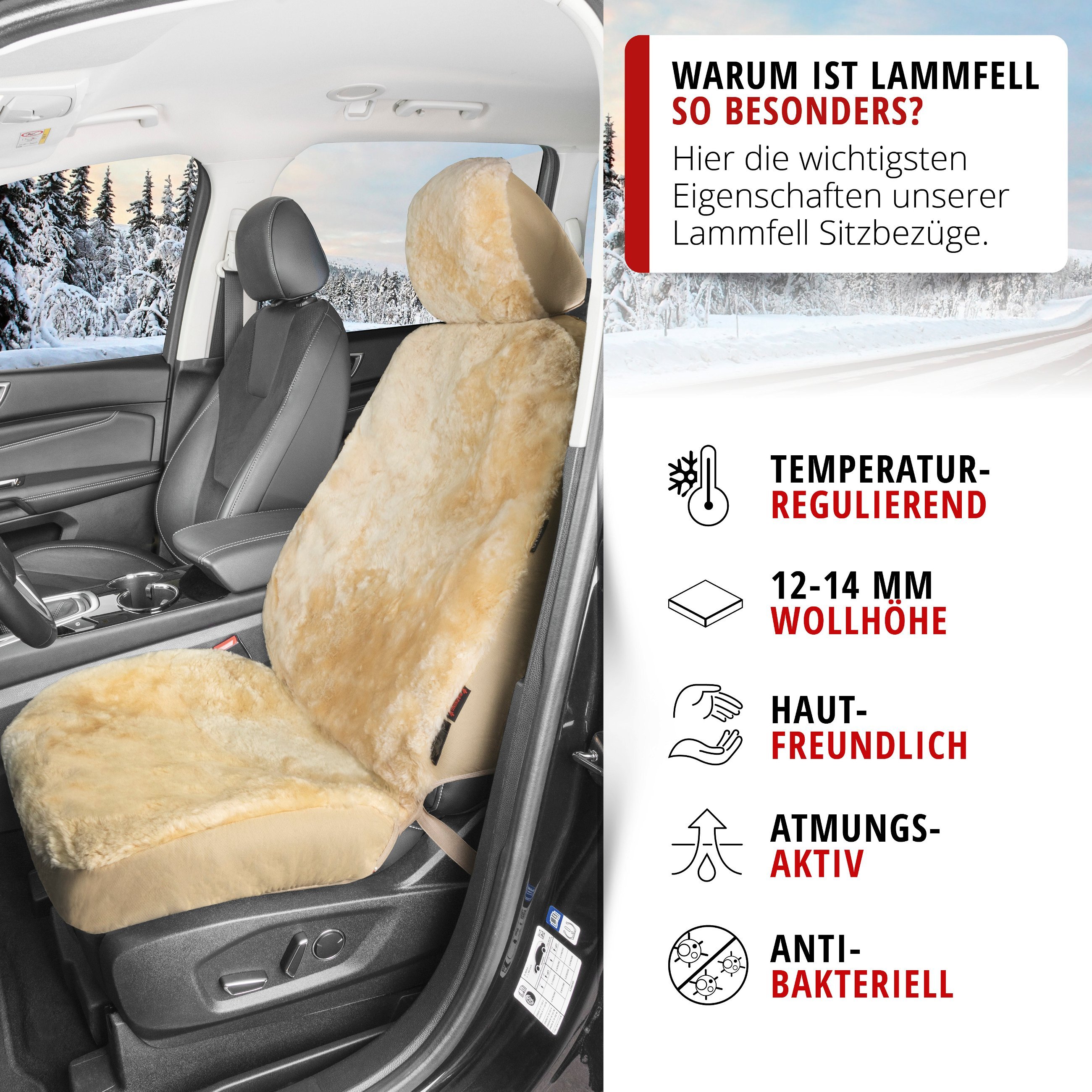 Autositzbezug Iva aus Lammfell, PKW-Schonbezug Einzelsitz, ZIPP-IT Lammfellbezug mit Reißverschluss beige