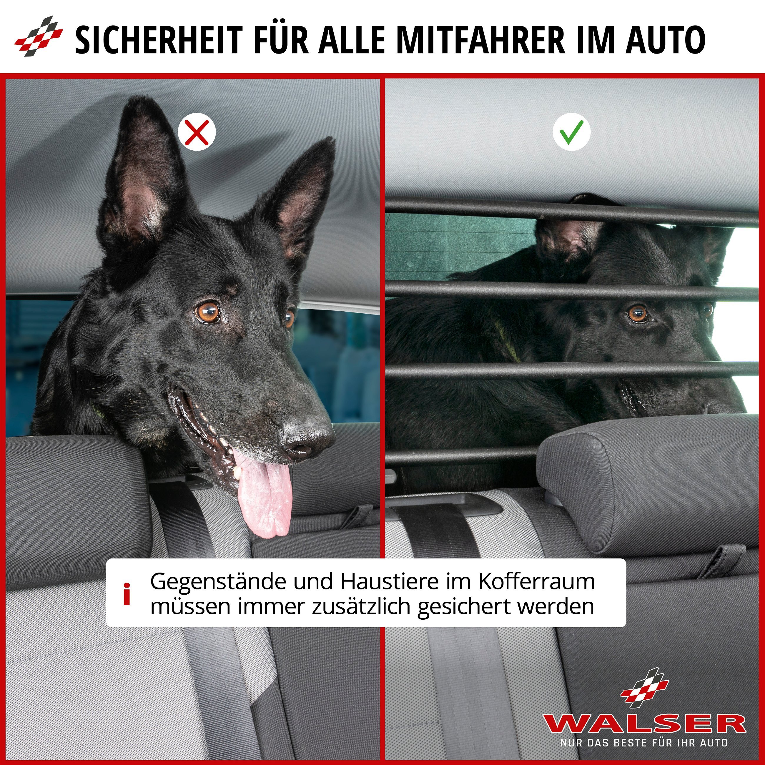Hundegitter Dog Guard, Trenngitter für Hunde mit Nylonnetz, Auto Schutzgitter schwarz, Größe 7 - 1070x200mm