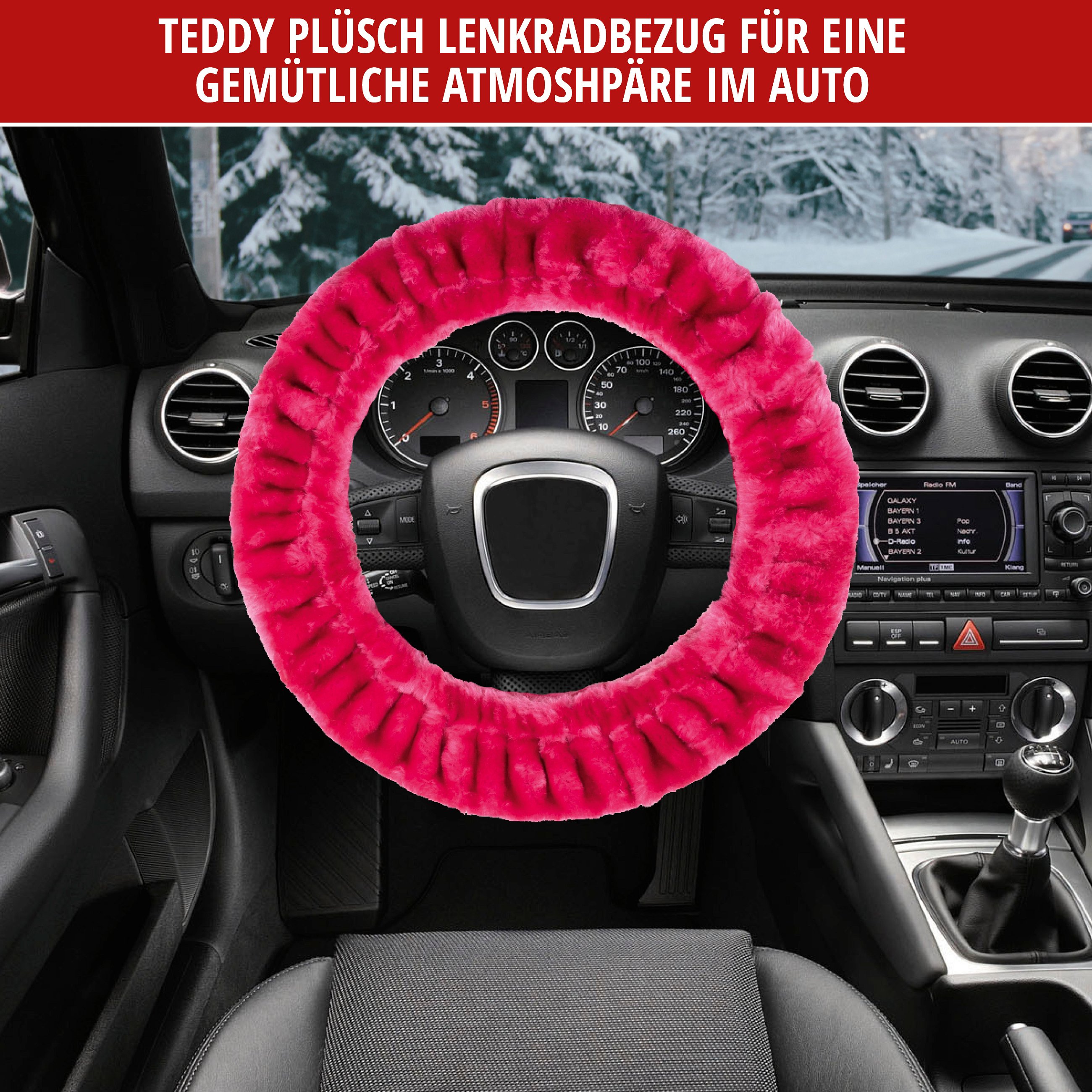 Lenkradhülle Teddy Plüsch, Vegane Lenkradhülle aus Kunstfell, Plüsch-Lenkradschoner pink