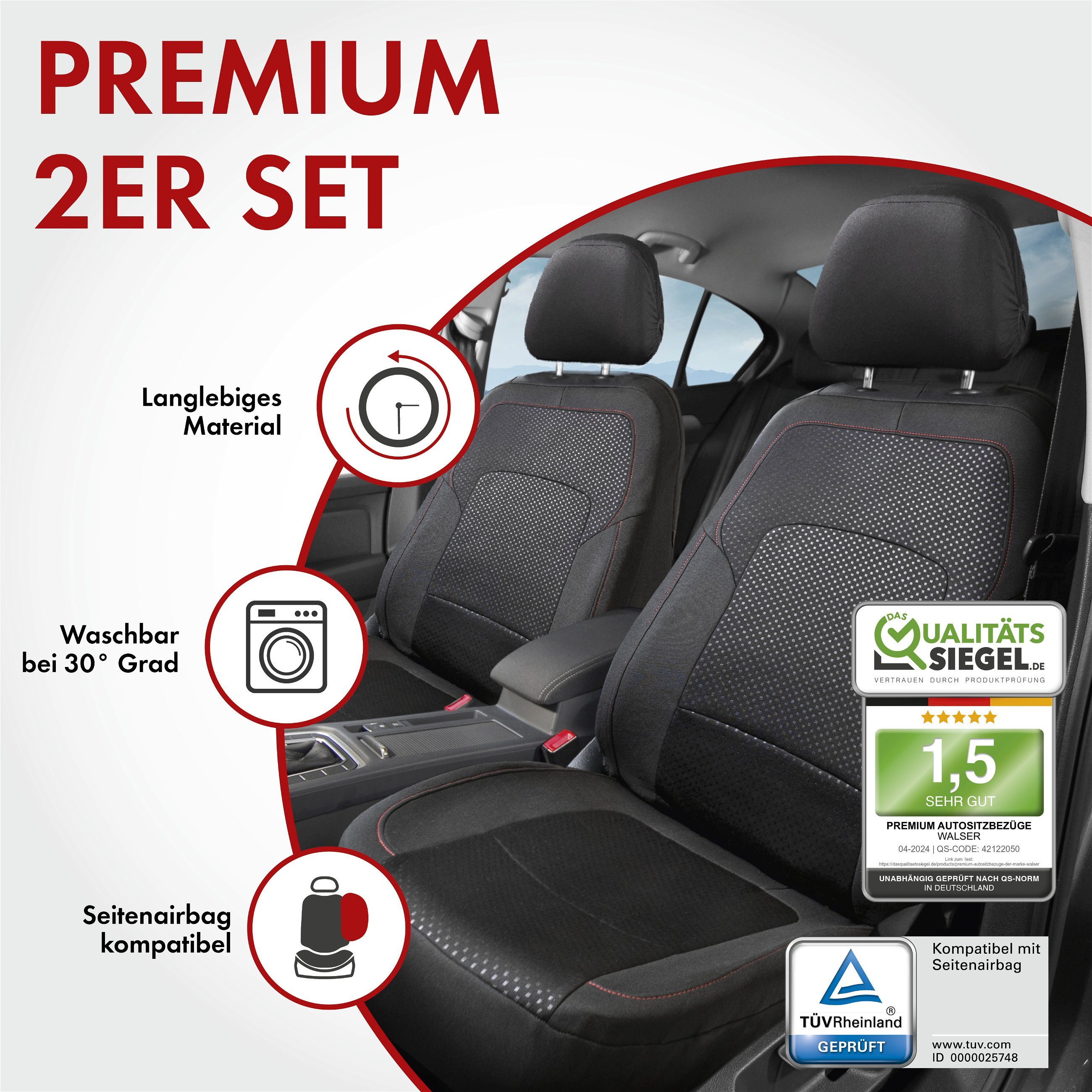 Autositzbezug ZIPP-IT Premium Logan, PKW-Schonbezüge für 2 Vordersitze mit Reißverschluss-System schwarz/rot