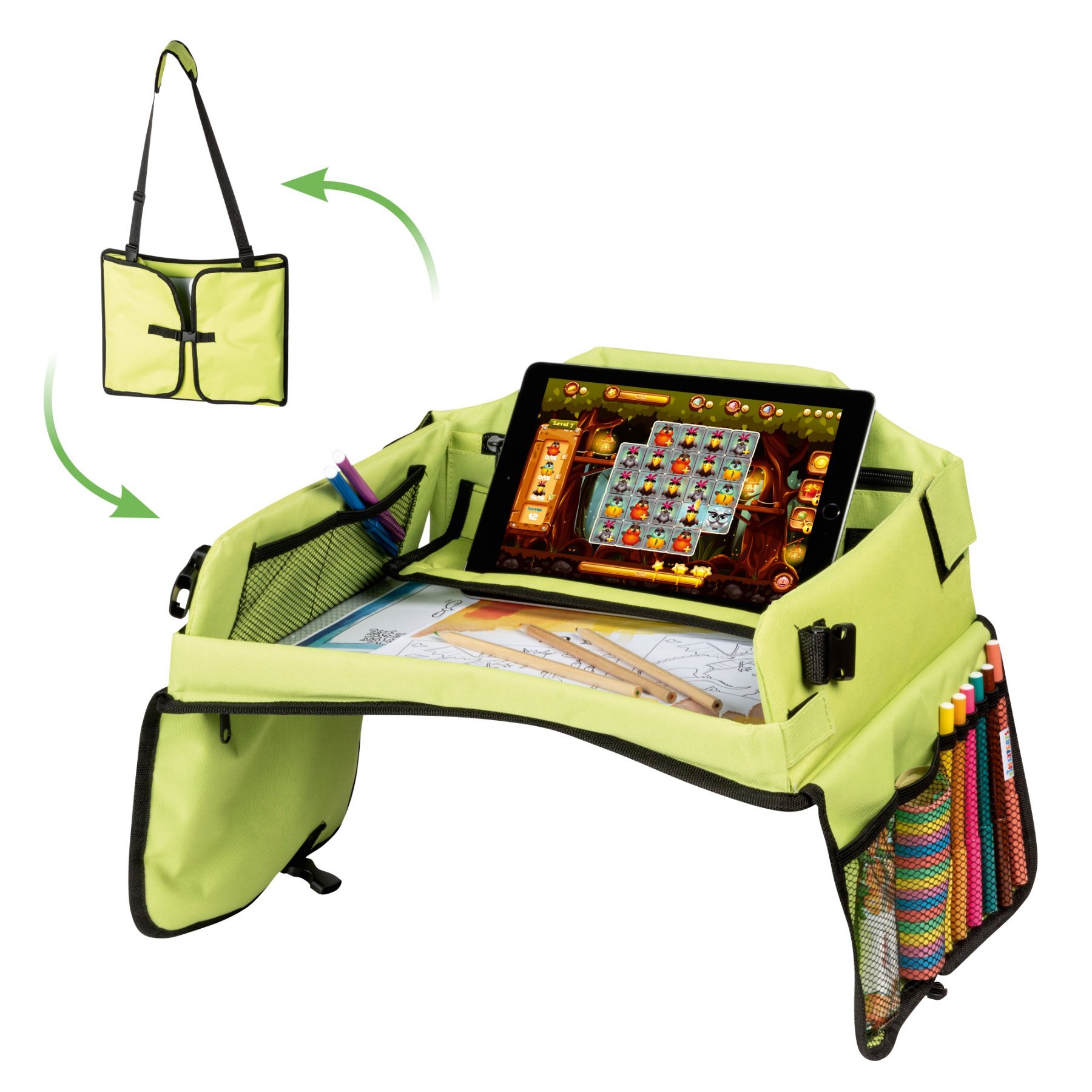 Children's travel play table for the car with tablet holder green